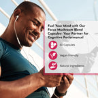 Man smiling with wired earbuds next to BYOND PERFORMANCE Focus Mushroom Capsules for mental clarity