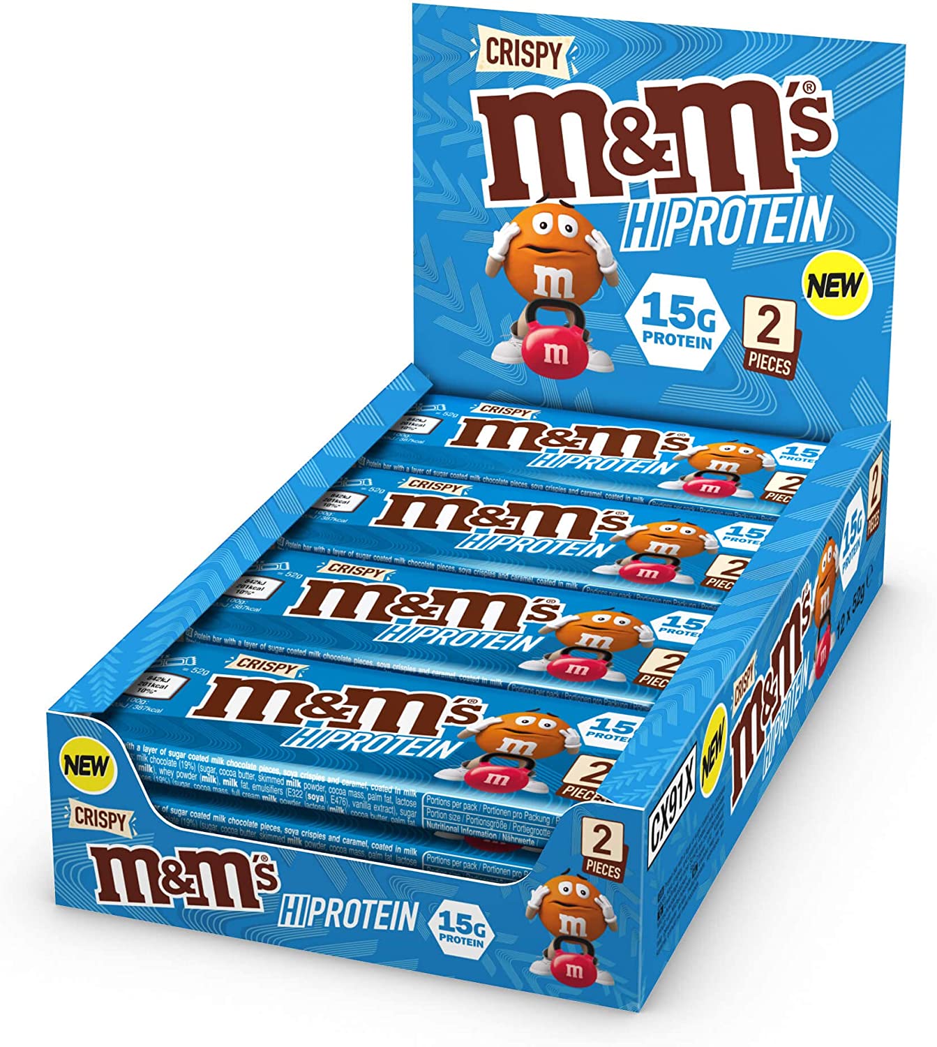 Blue display box with M&M Hi-Protein Bar Crispy chocolate snacks, perfect hi-protein bar