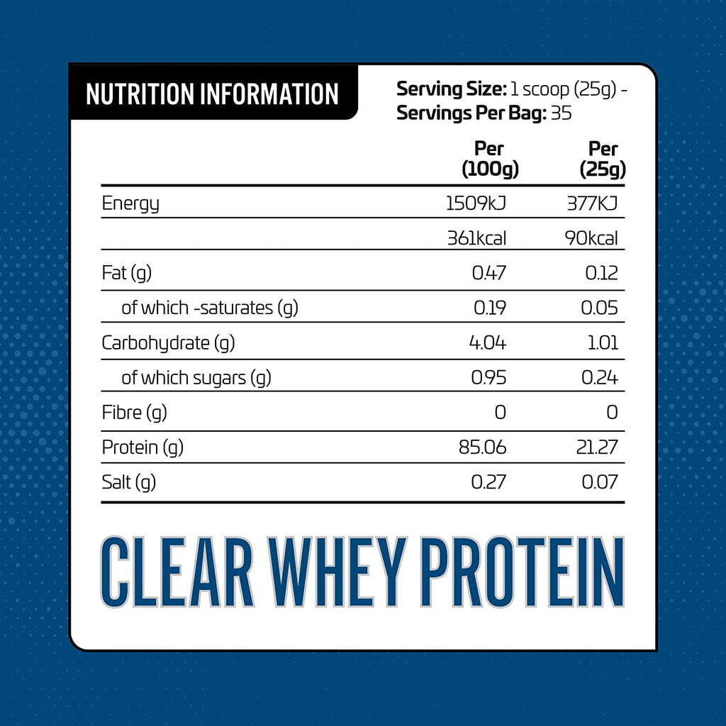 Nutrition info label for Applied Nutrition Clear Whey with ultra-hydrolysed whey protein