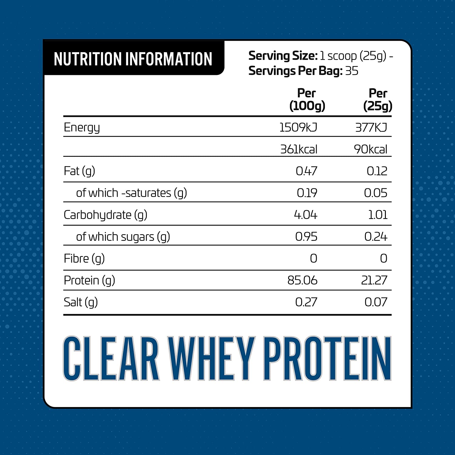 Nutrition info label for Applied Nutrition Clear Whey with ultra-hydrolysed whey protein