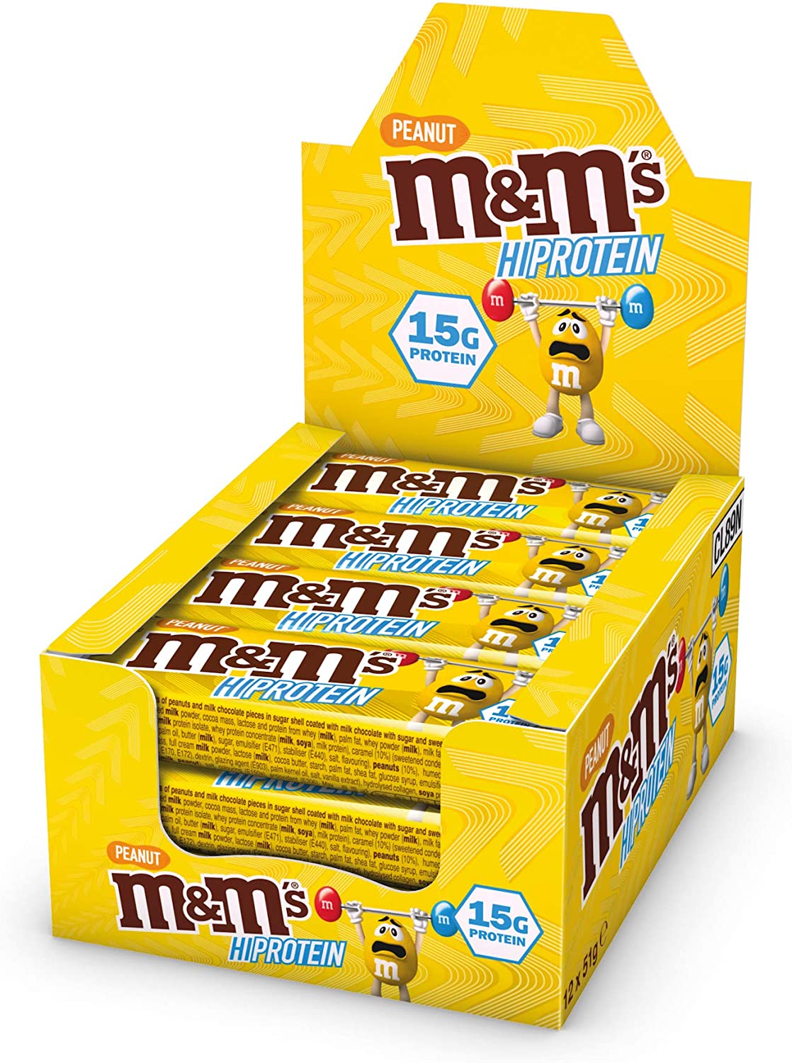 Display box of M&M Hi-Protein Bar with peanut chocolate, a tasty hi-protein bar option