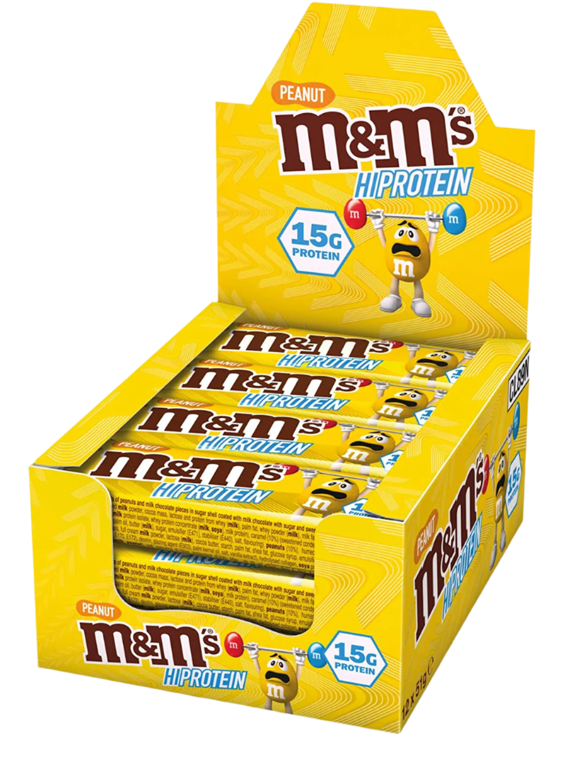 Display of M&M Hi-Protein Bar with peanut chocolate for a healthy snack