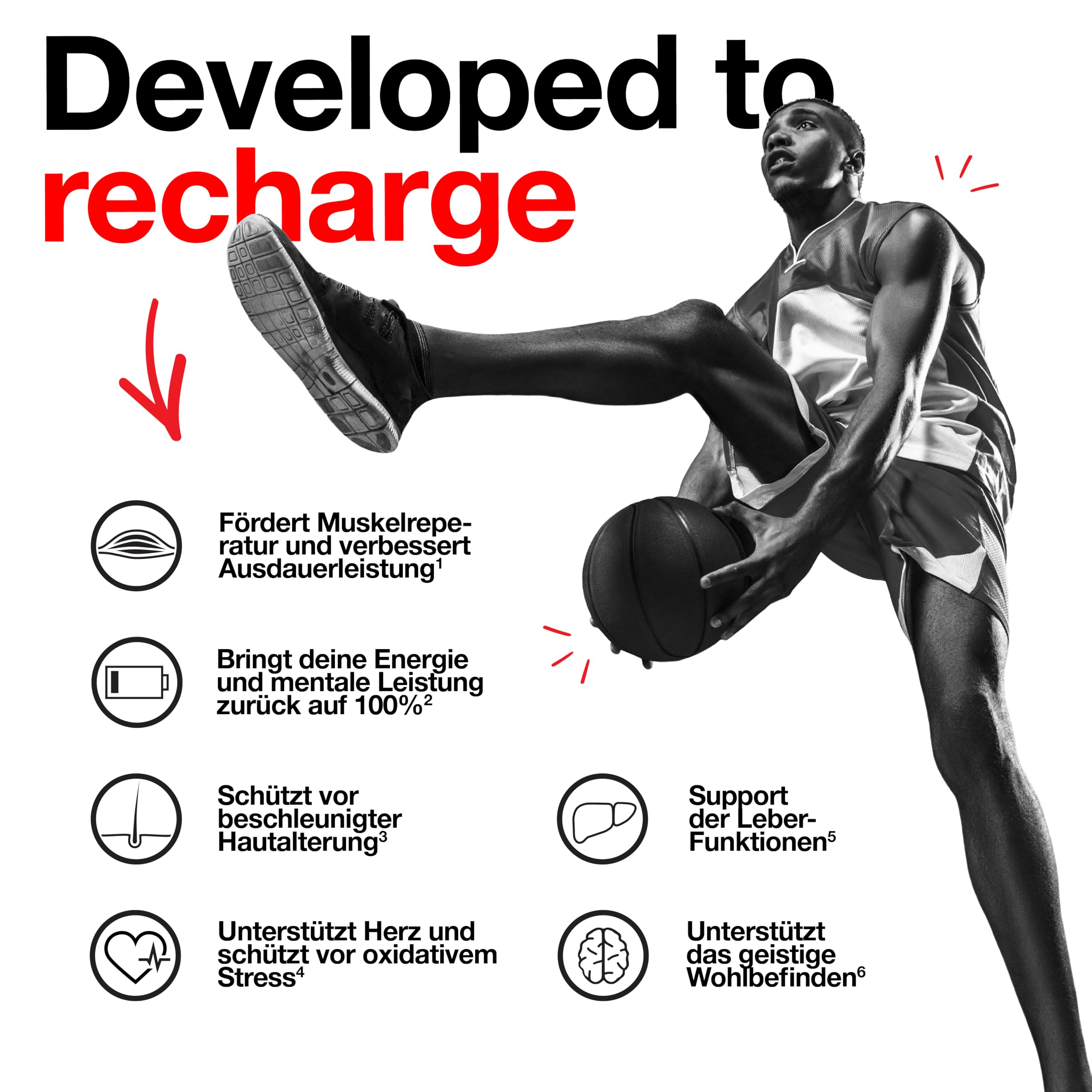 Male basketball player in a dynamic pose with KA-EX PWD for muscle gain and amino acids boost