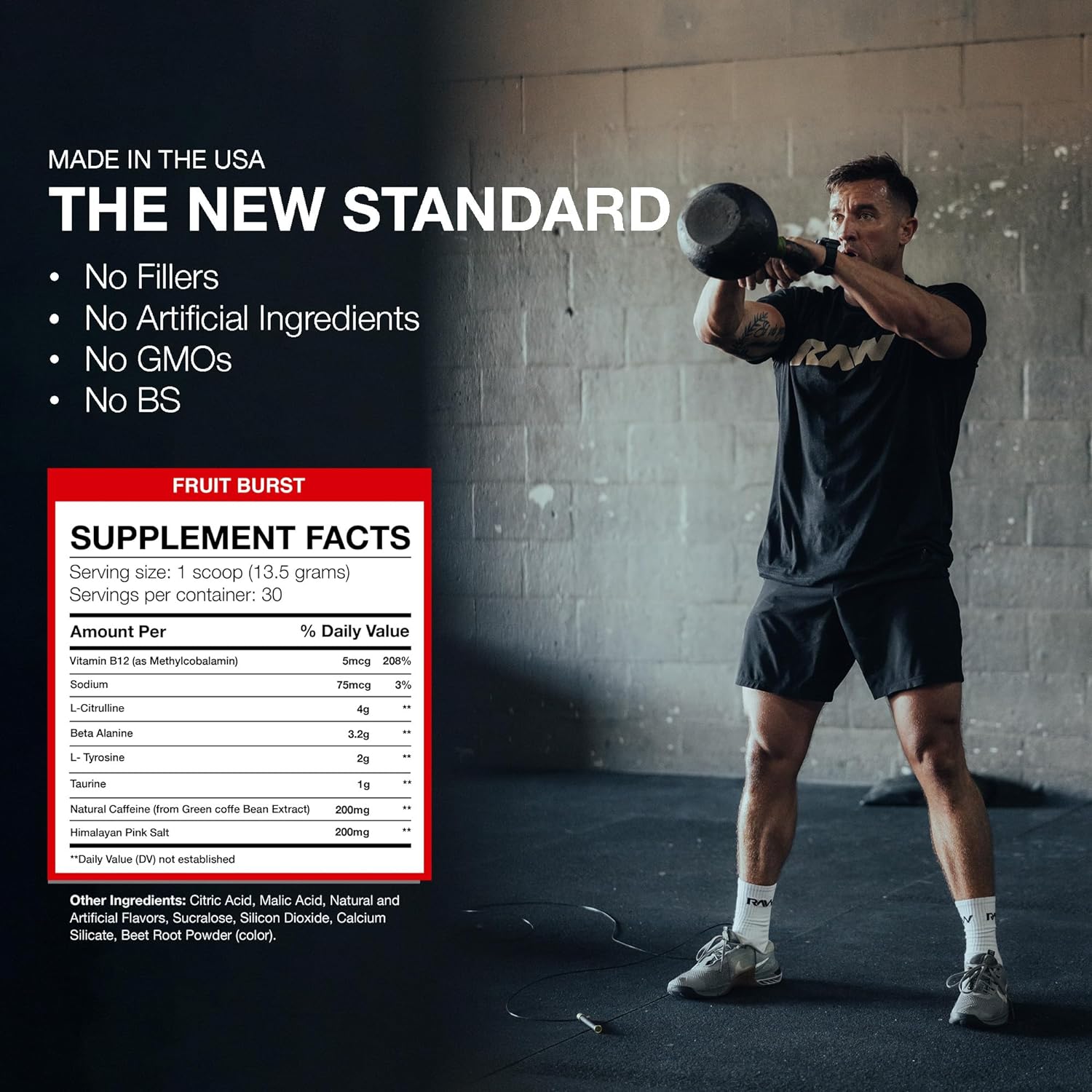 Raw Nutrition Essential PRE fitness supplement with fruit burst flavor to fight fatigue