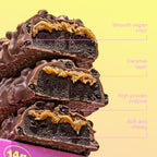 Misfits Plant-Based Protein Bar with caramel and crispy bits cross-section image