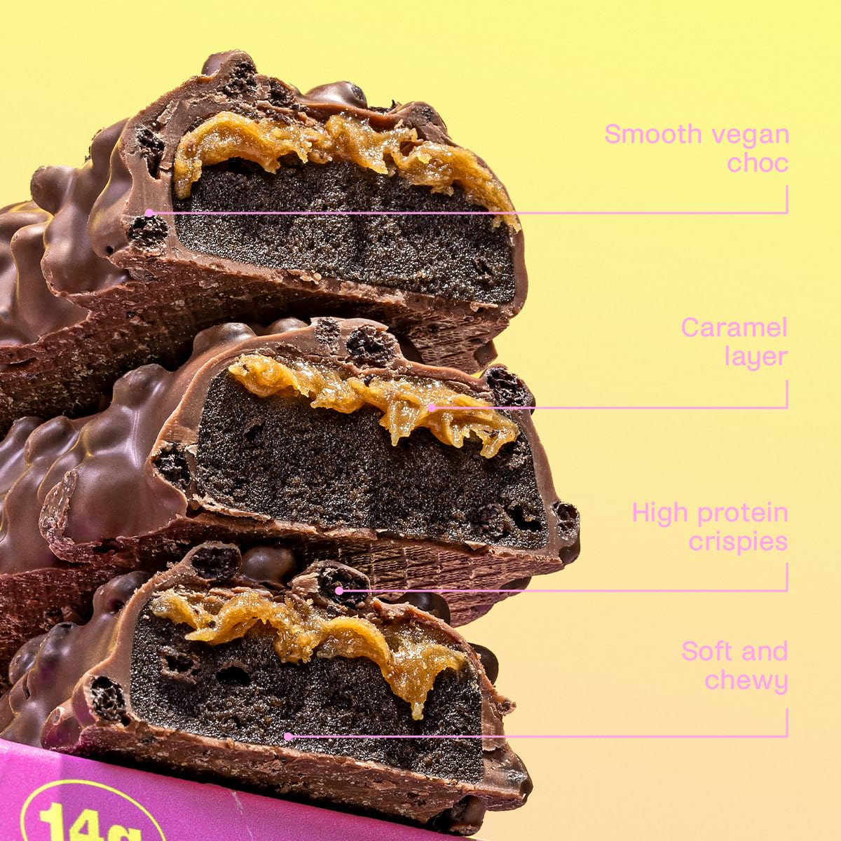 Misfits Plant-Based Protein Bar with caramel and crispy bits cross-section image