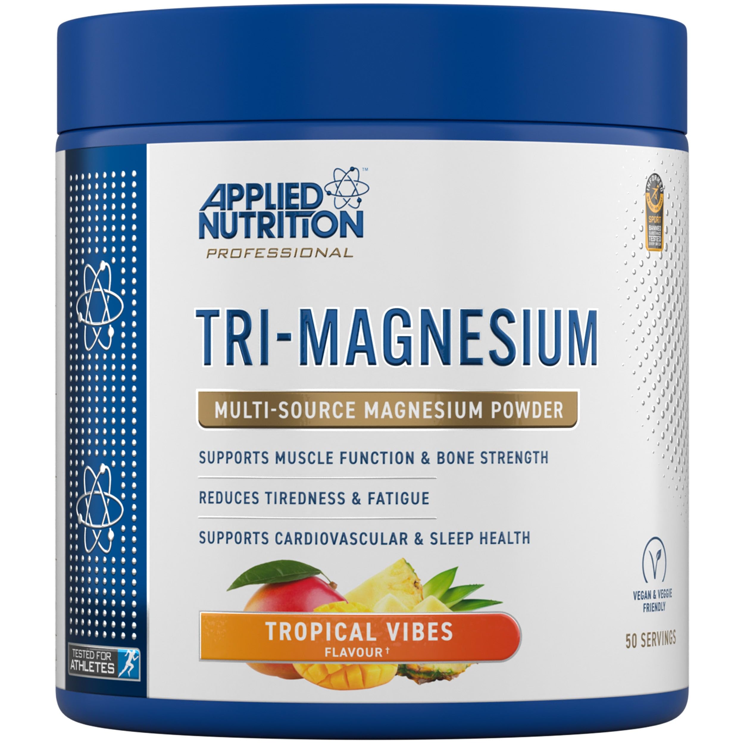 Blue and white Applied Nutrition Tri-Magnesium Powder in Tropical Vibes flavor for restful sleep