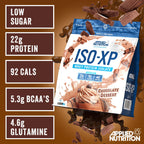 Chocolate dessert flavored whey protein isolate powder from Applied Nutrition Iso-XP for easy mixing