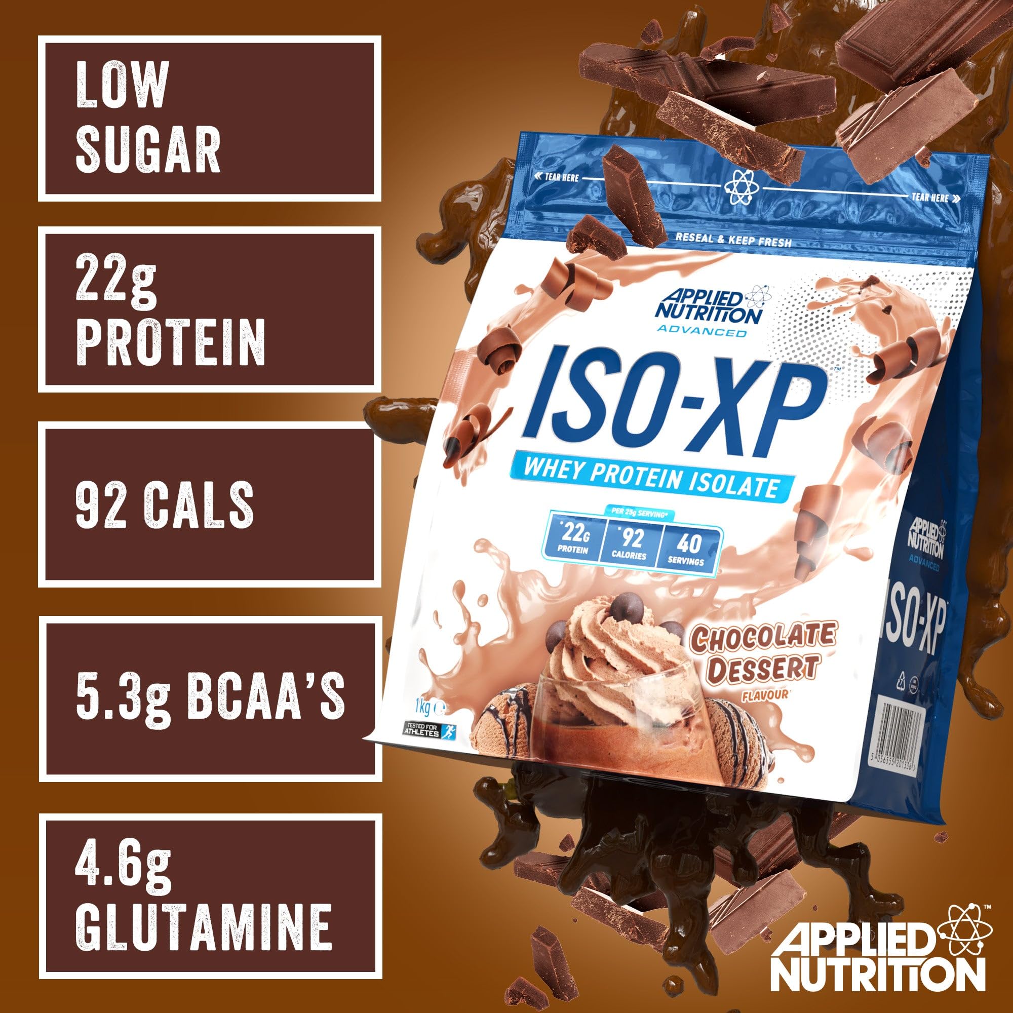 Chocolate dessert flavored whey protein isolate powder from Applied Nutrition Iso-XP for easy mixing