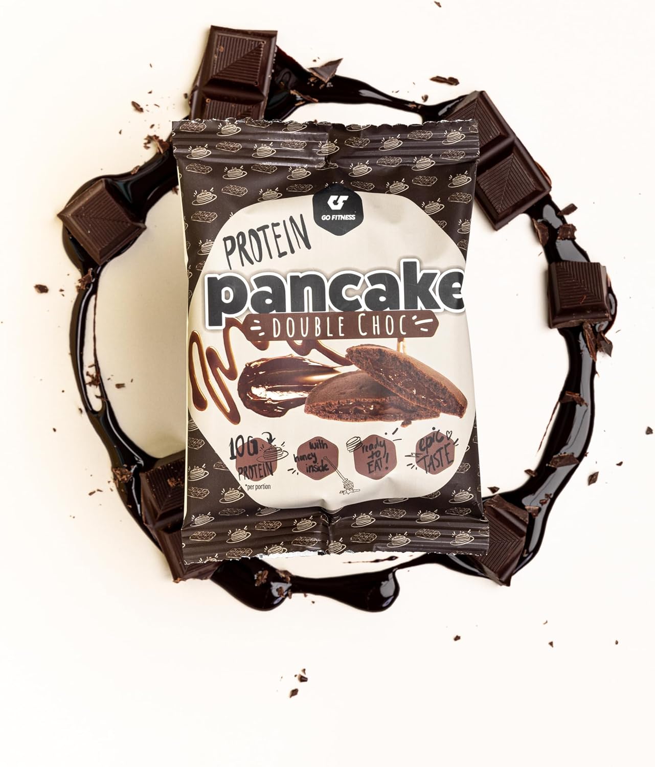 Go Fitness Protein Pancake pouch with delicious whipped protein and soft pancakes with chocolate chunks and syrup