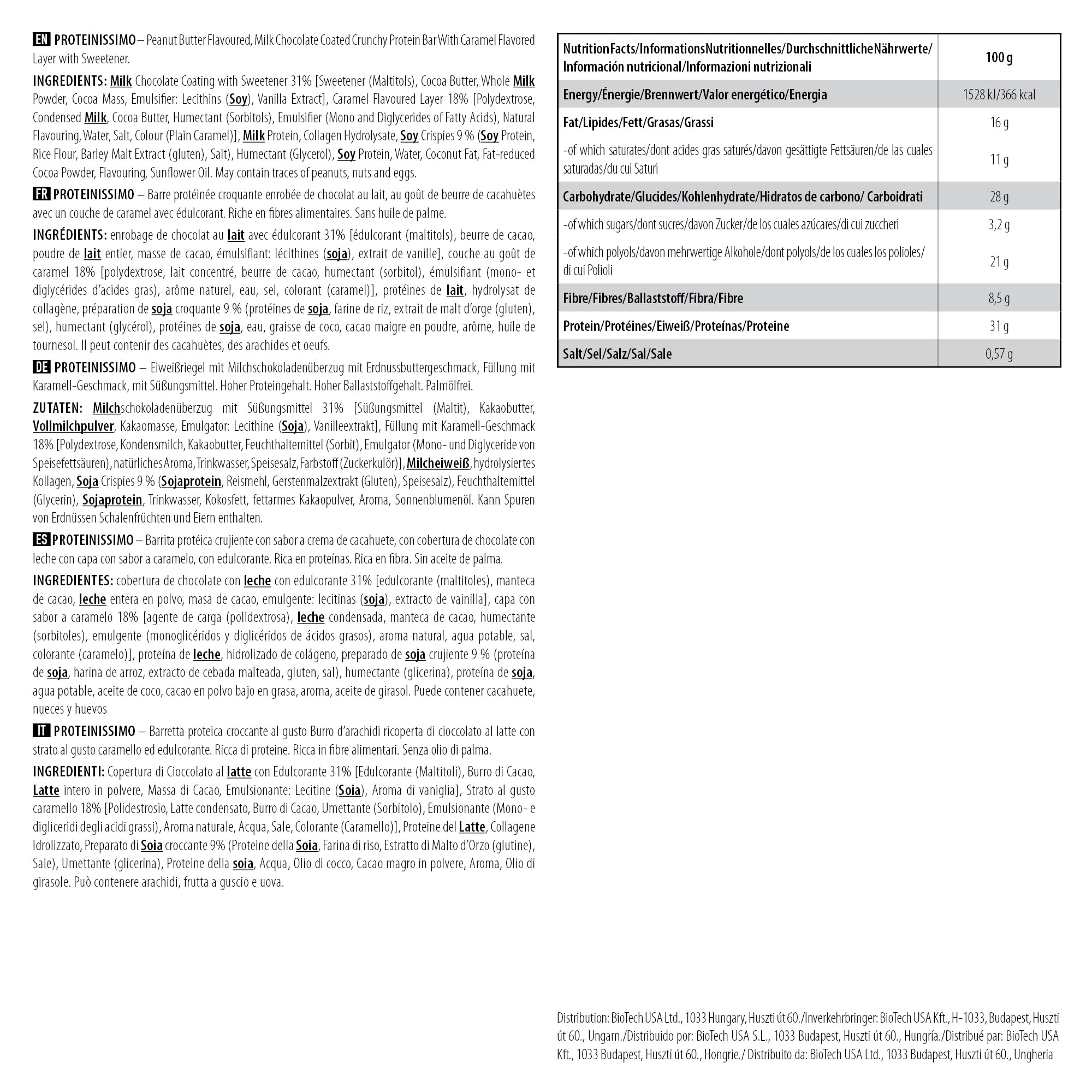 Nutritional info label for Scitec Nutrition Proteinissimo Prime with chocolate coating