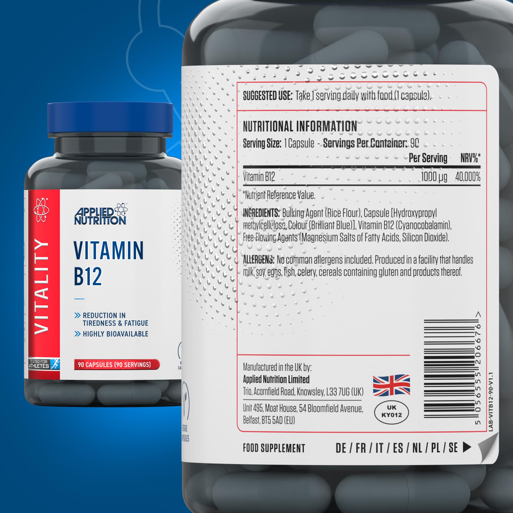 Bottle of Applied Nutrition Vitality B12 capsules for energy support and nutrition vitamin b12