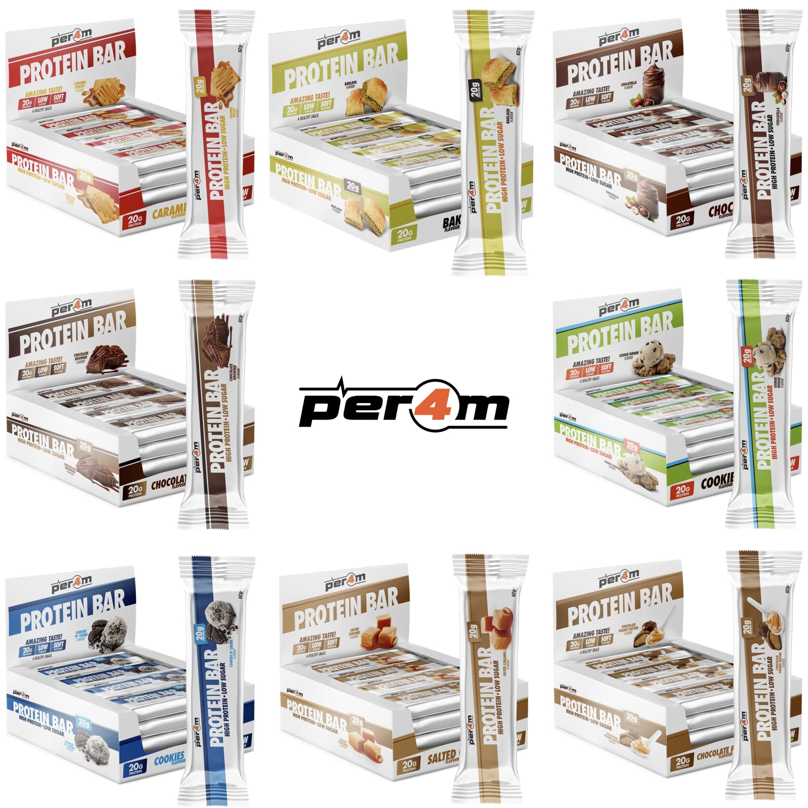 Assortment of Per4m protein bars in various flavors for your Per4m protein boost