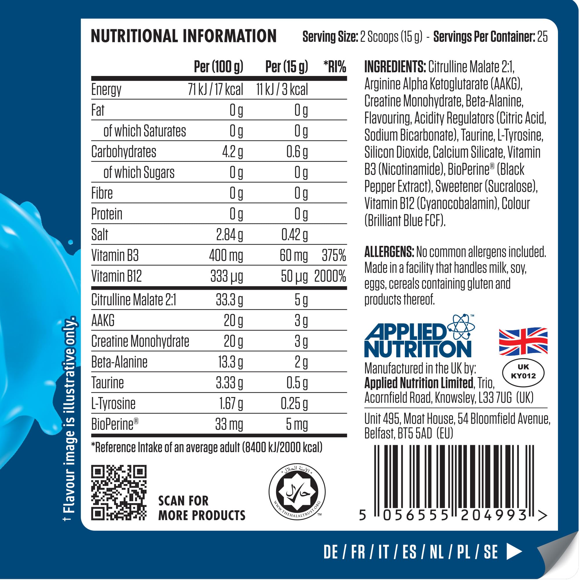 Applied Nutrition Pump 3G Zero label with citrulline malate and vitamin B12 info