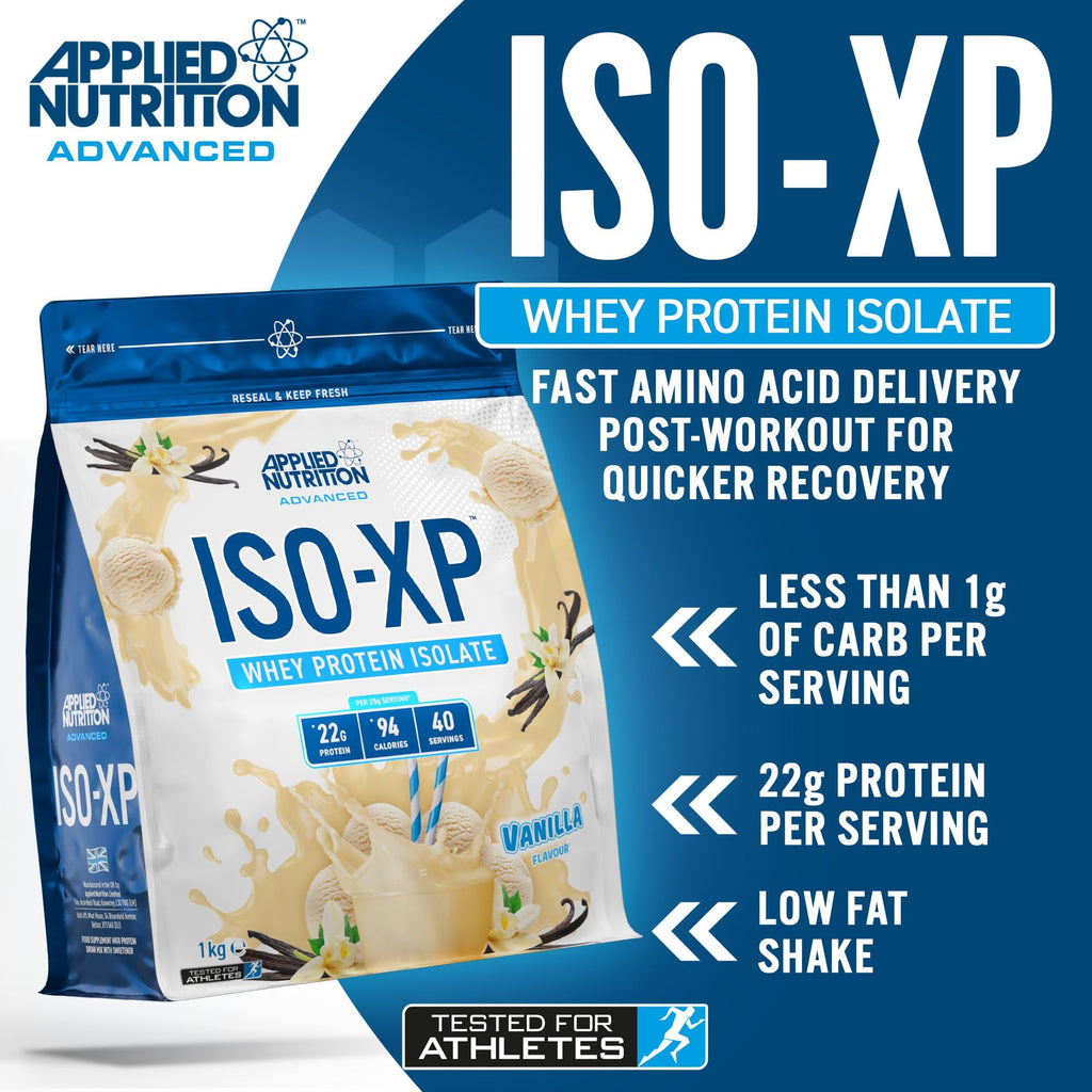 Vanilla flavored applied nutrition iso-xp whey protein isolate powder for easy mixing