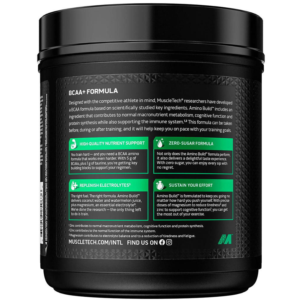 Black plastic tub of Muscletech Amino Build fitness supplement for muscle recovery