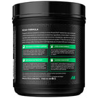 Black plastic tub of Muscletech Amino Build fitness supplement for muscle recovery