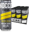 Nocco Focus sugar free energy drink can with yellow and grey design and case of cans