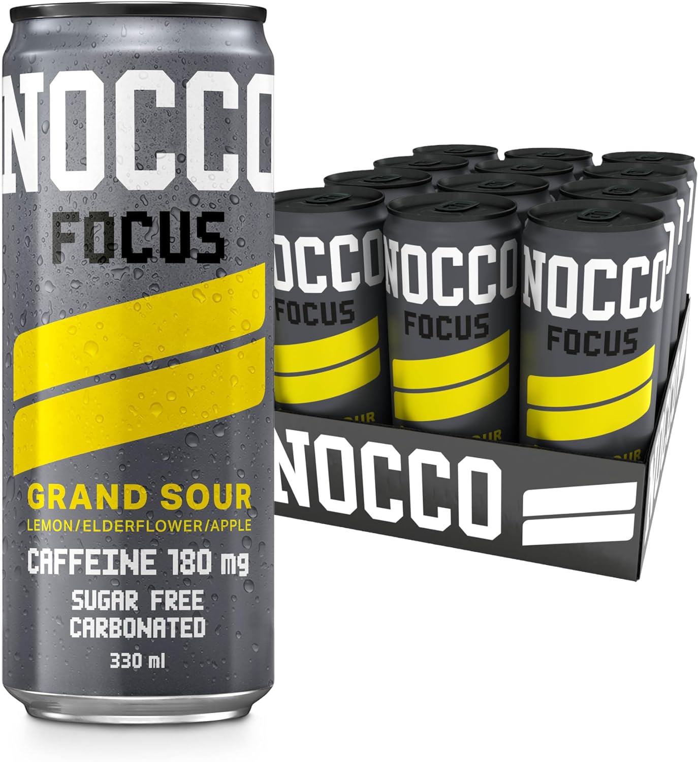 Nocco Focus sugar free energy drink can with yellow and grey design and case of cans