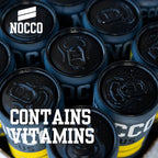 Multiple chilled Nocco Focus sugar free cans with condensation and vitamins inside