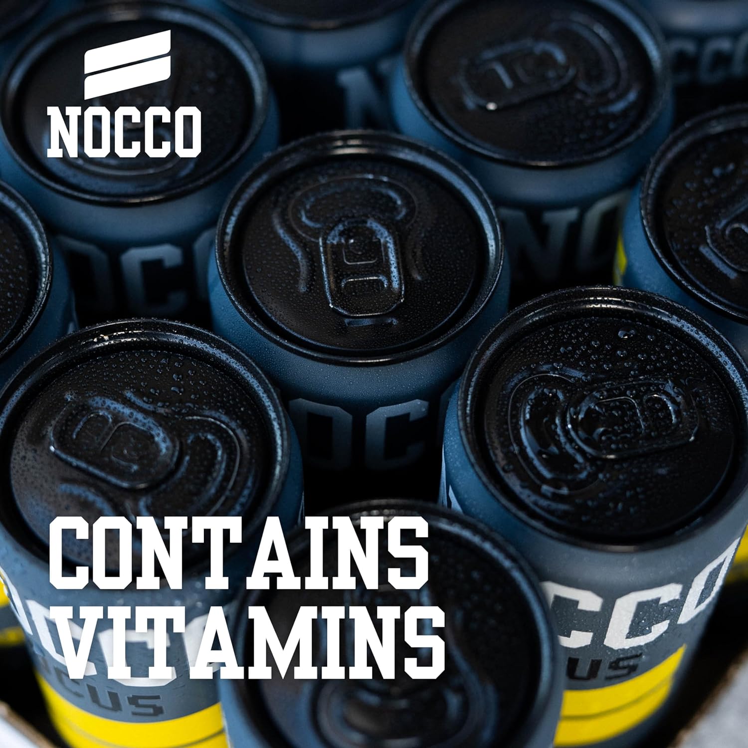 Multiple chilled Nocco Focus sugar free cans with condensation and vitamins inside