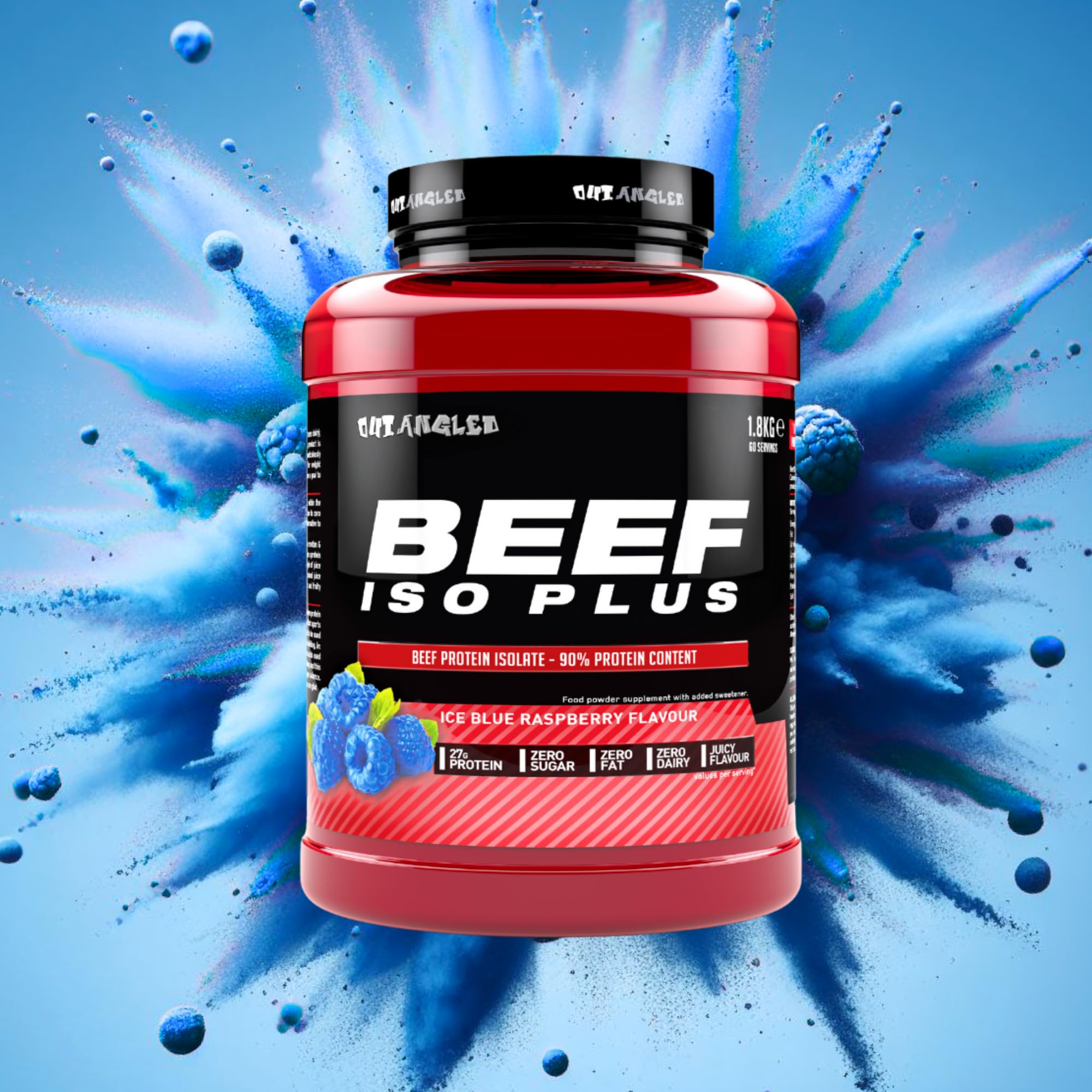 Red and black Outangled Beef Iso Plus container with Ice Blue Raspberry beef protein isolate