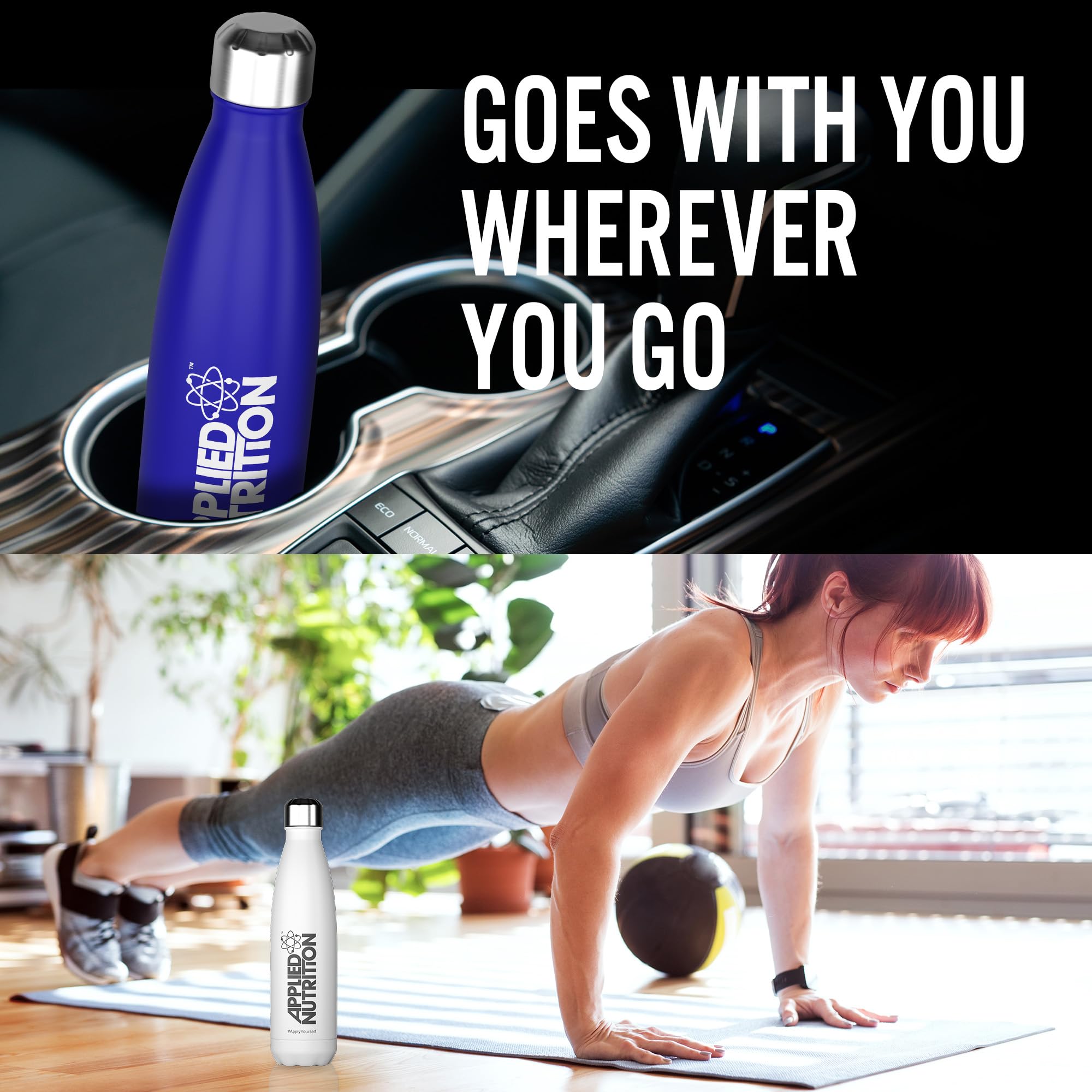 Blue and white Applied Nutrition Flask with stainless steel leak-proof lid, sustainable hydration flask