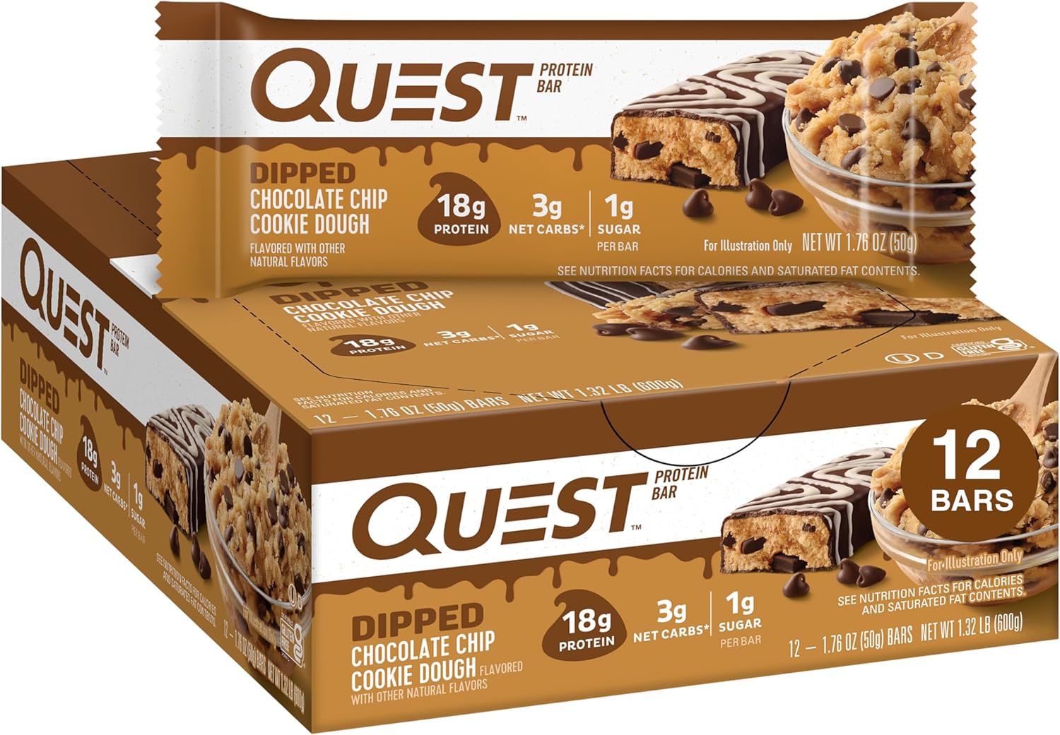 Quest Nutrition Bar box with Dipped Chocolate Chip Cookie Dough protein bars for a tasty nutrition bar boost