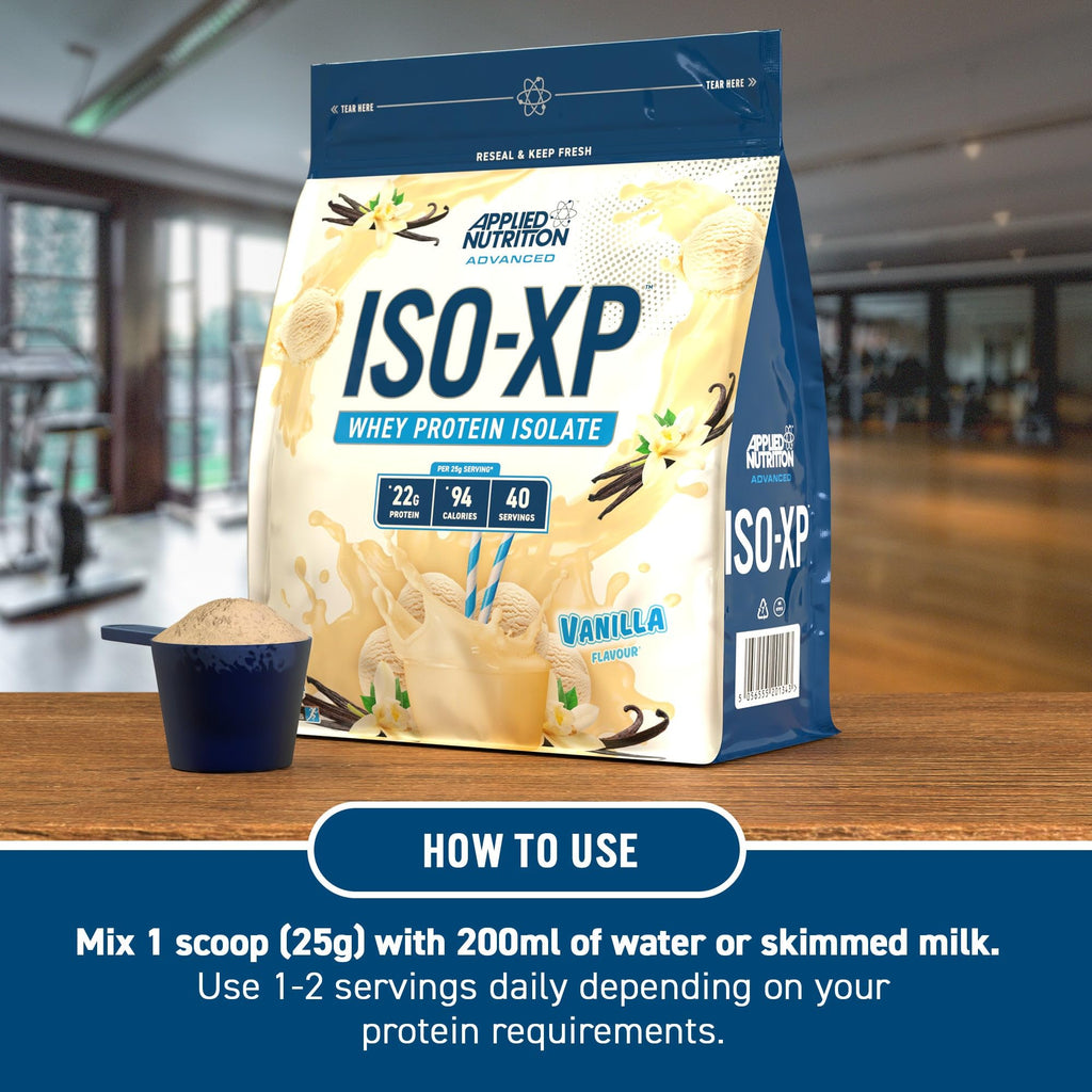 Large Applied Nutrition Iso-XP whey protein isolate bag with scoop, easy mixing powder