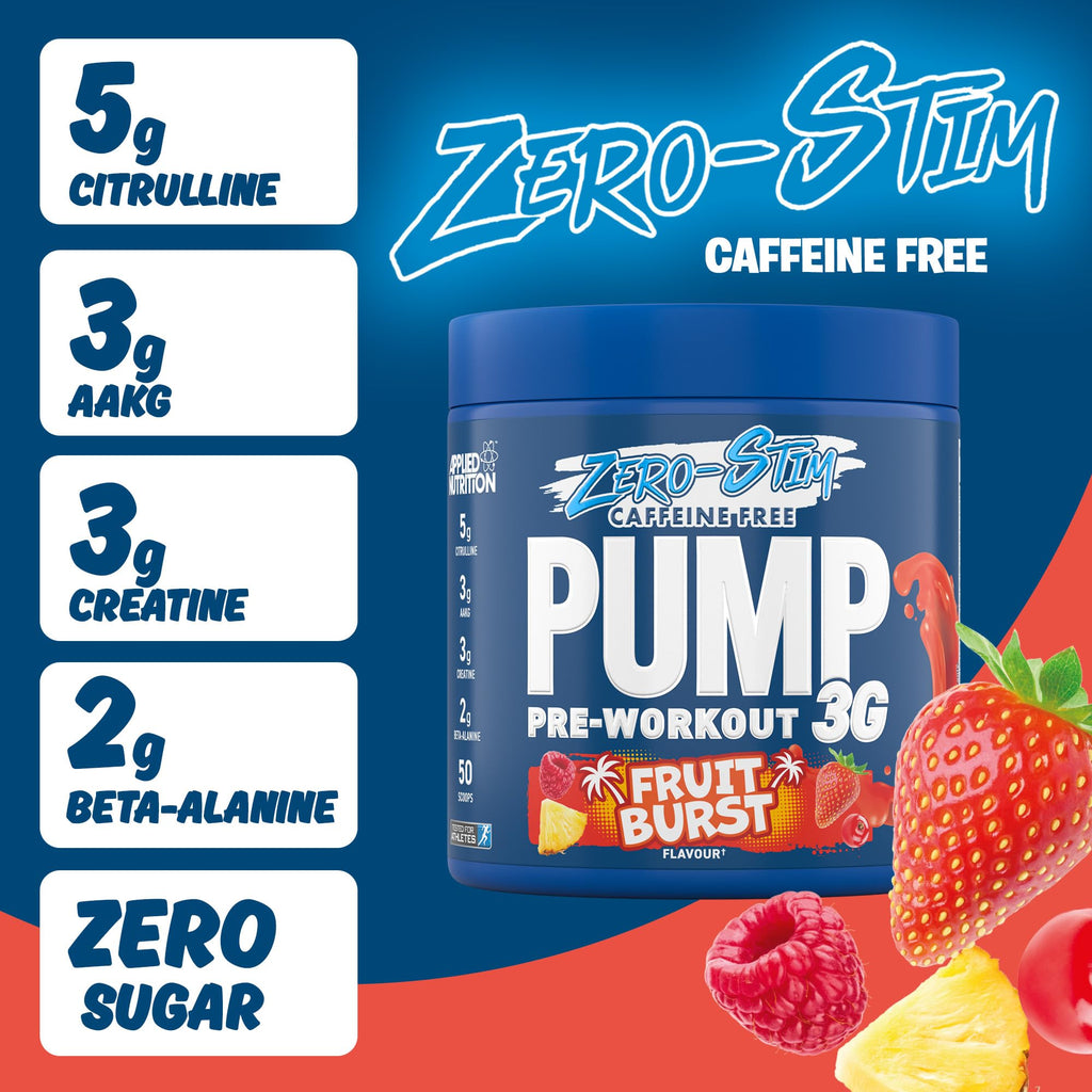 Blue Applied Nutrition Pump 3G Zero tub with citrulline malate and vitamin B12 in Fruit Burst flavor
