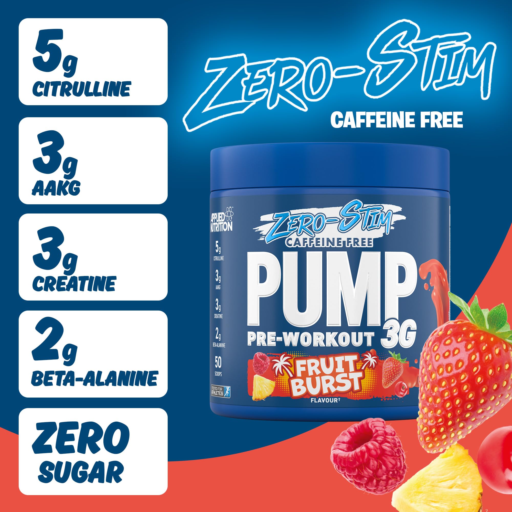 Blue Applied Nutrition Pump 3G Zero tub with citrulline malate and vitamin B12 in Fruit Burst flavor