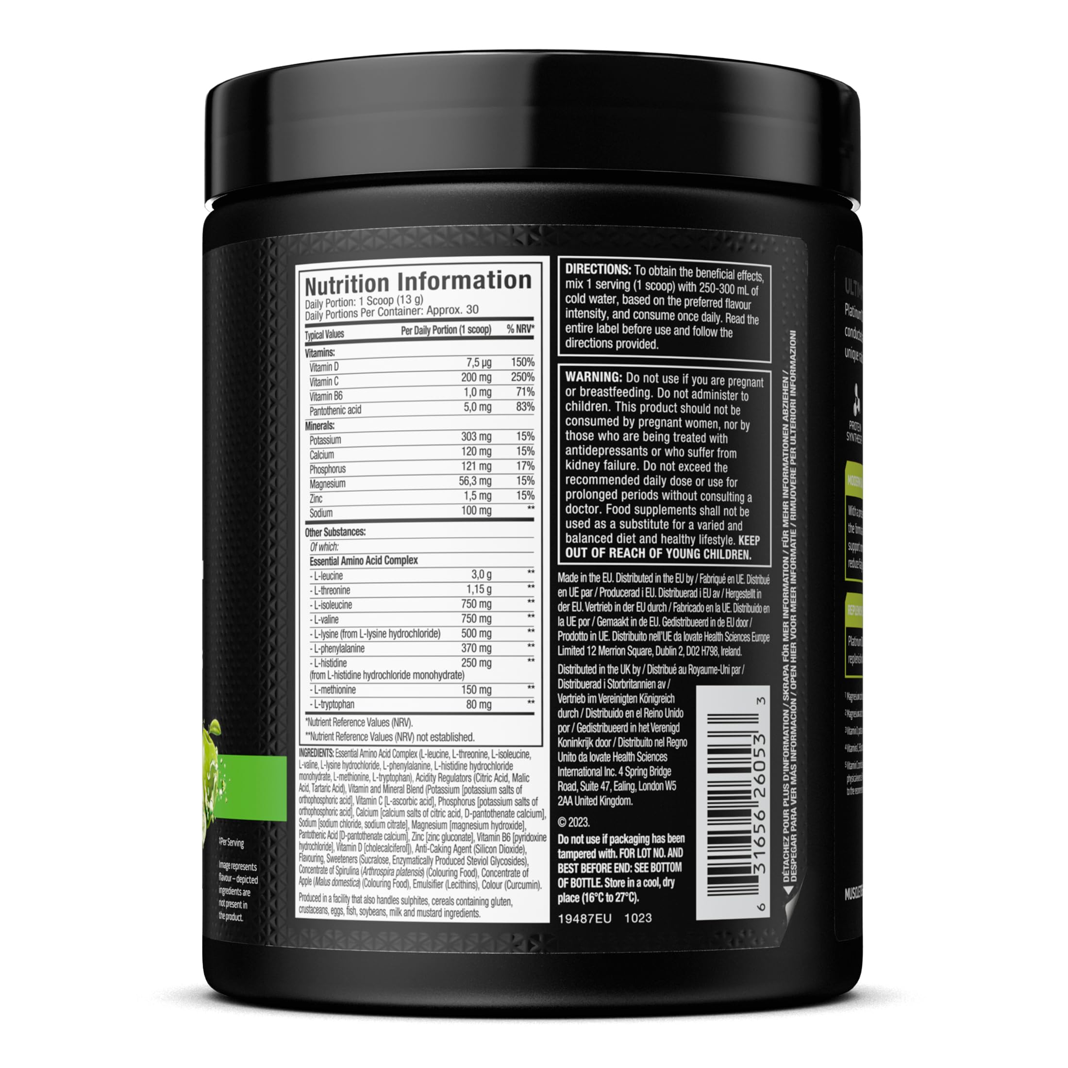 Black Muscletech Platinum EAA tub with nutrition label for supporting protein synthesis