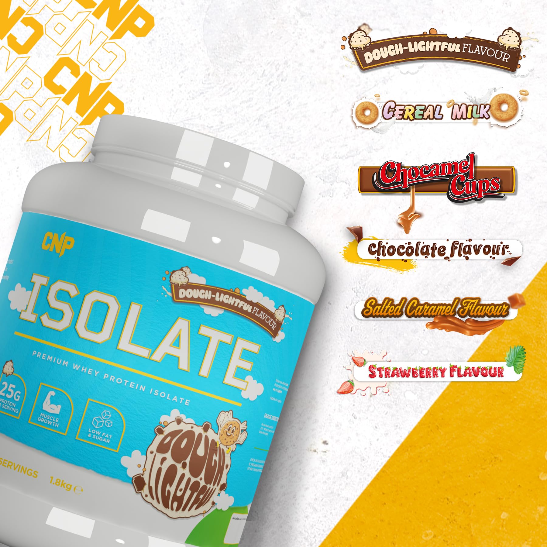 Light blue and white CNP Isolate container with whey protein isolate and essential amino acids