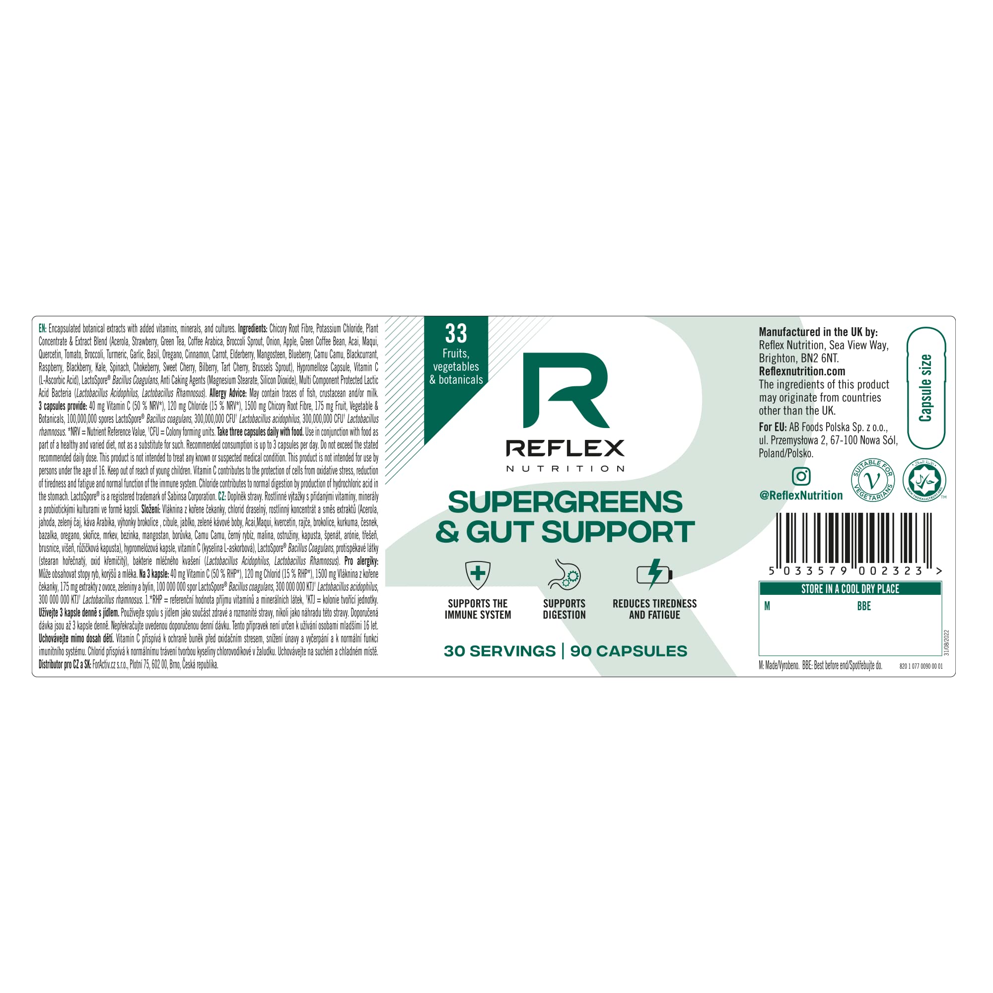 Reflex Nutrition Supergreens & Gut Support - 90 Veg Caps - Greens Capsules