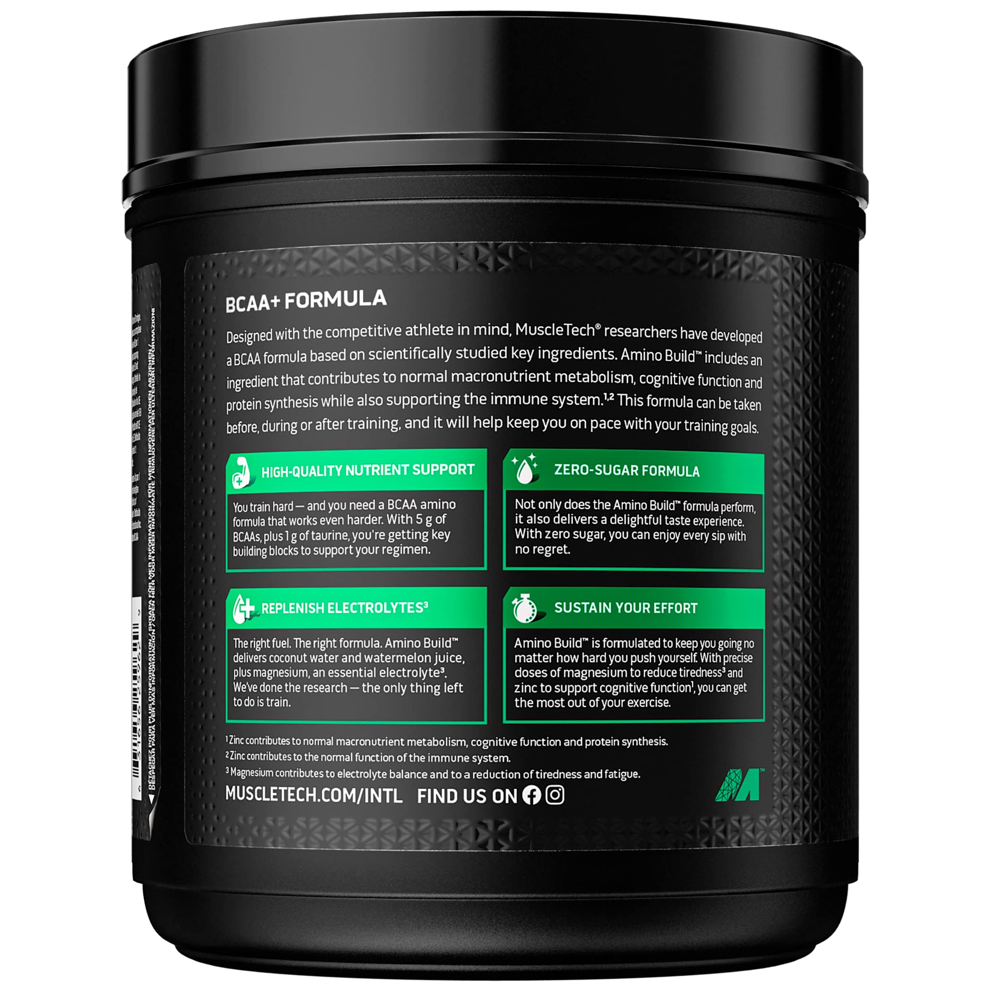 Black plastic container of Muscletech Amino Build BCAA supplement powder