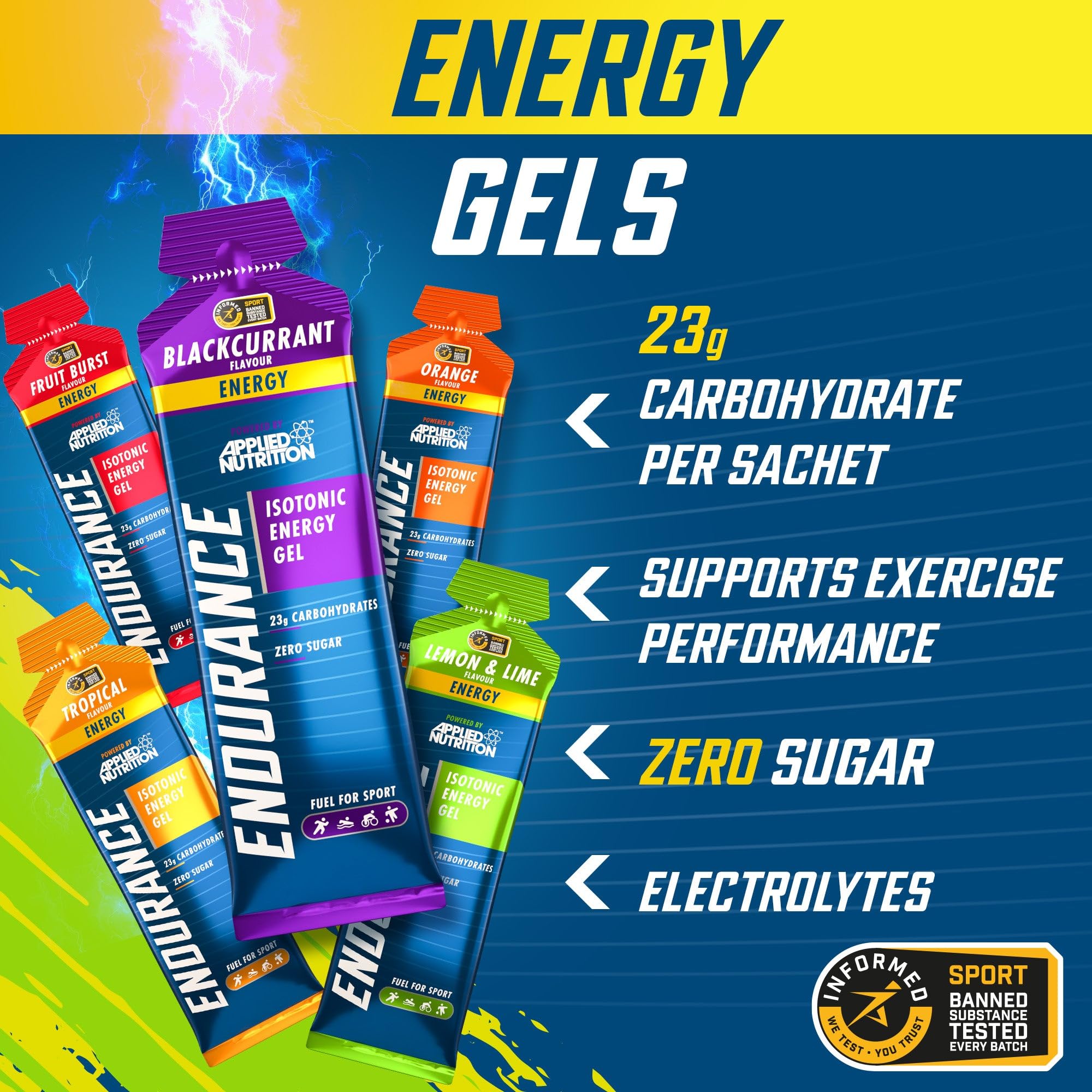 Various flavors of Applied Nutrition Endurance Energy Gel Pack, halal certified gel for exercise