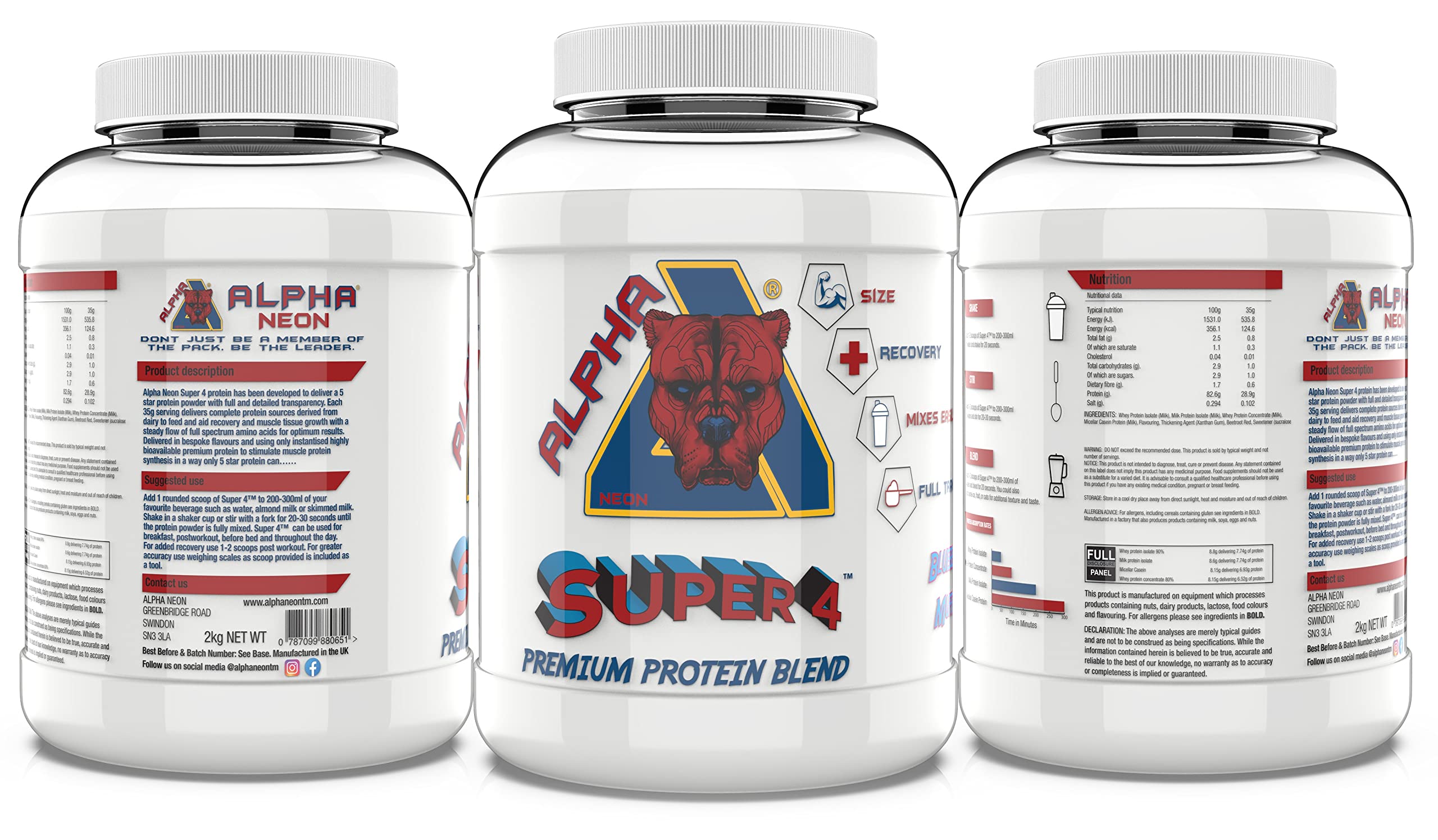 Alpha Neon SUPER 4 - Protein Blend Powder (Whey Protein Concentrate Whey Protein Isolate Calcium Caseinate Micellar