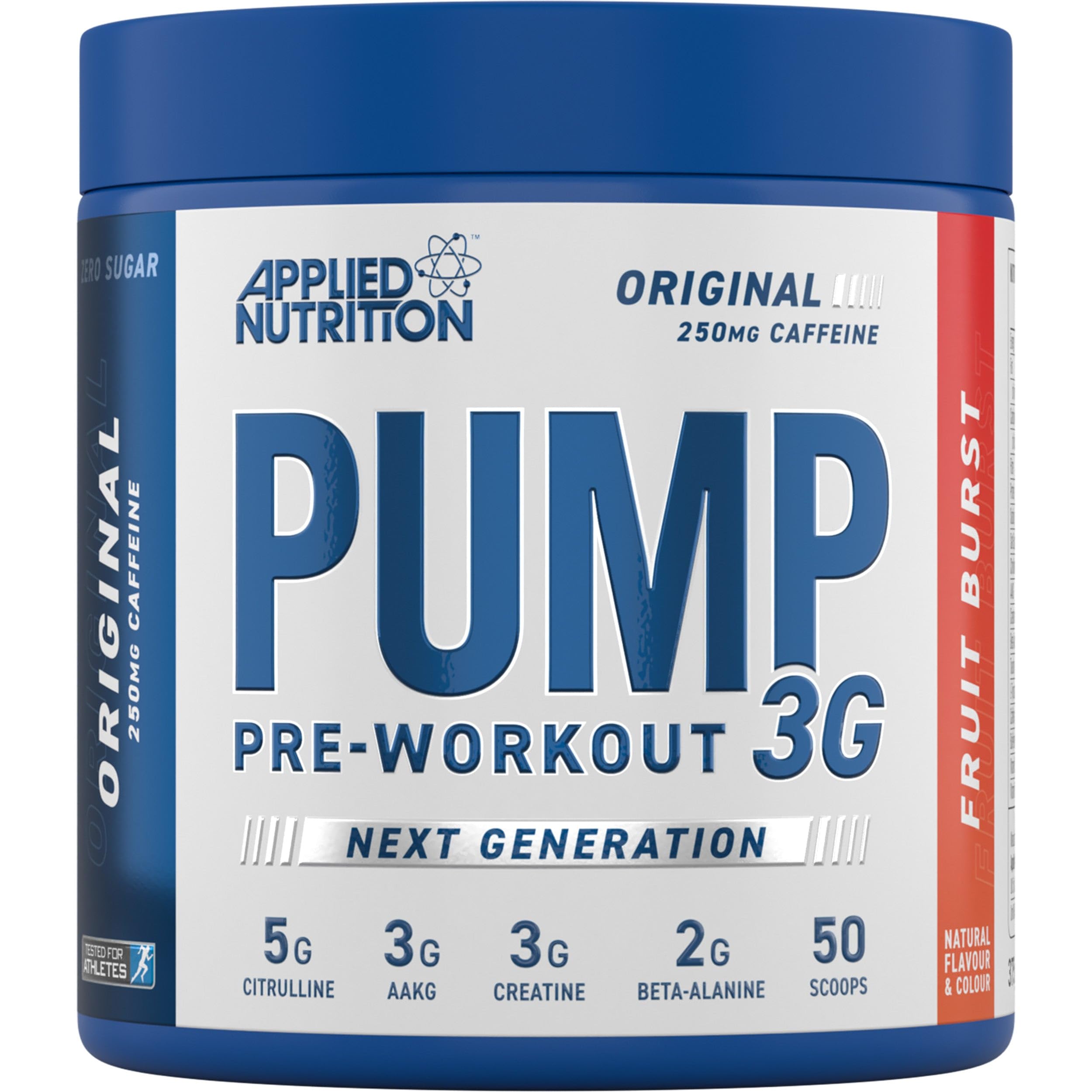 Blue and white Applied Nutrition Pump 3G pre-workout tub with caffeine and amino acids