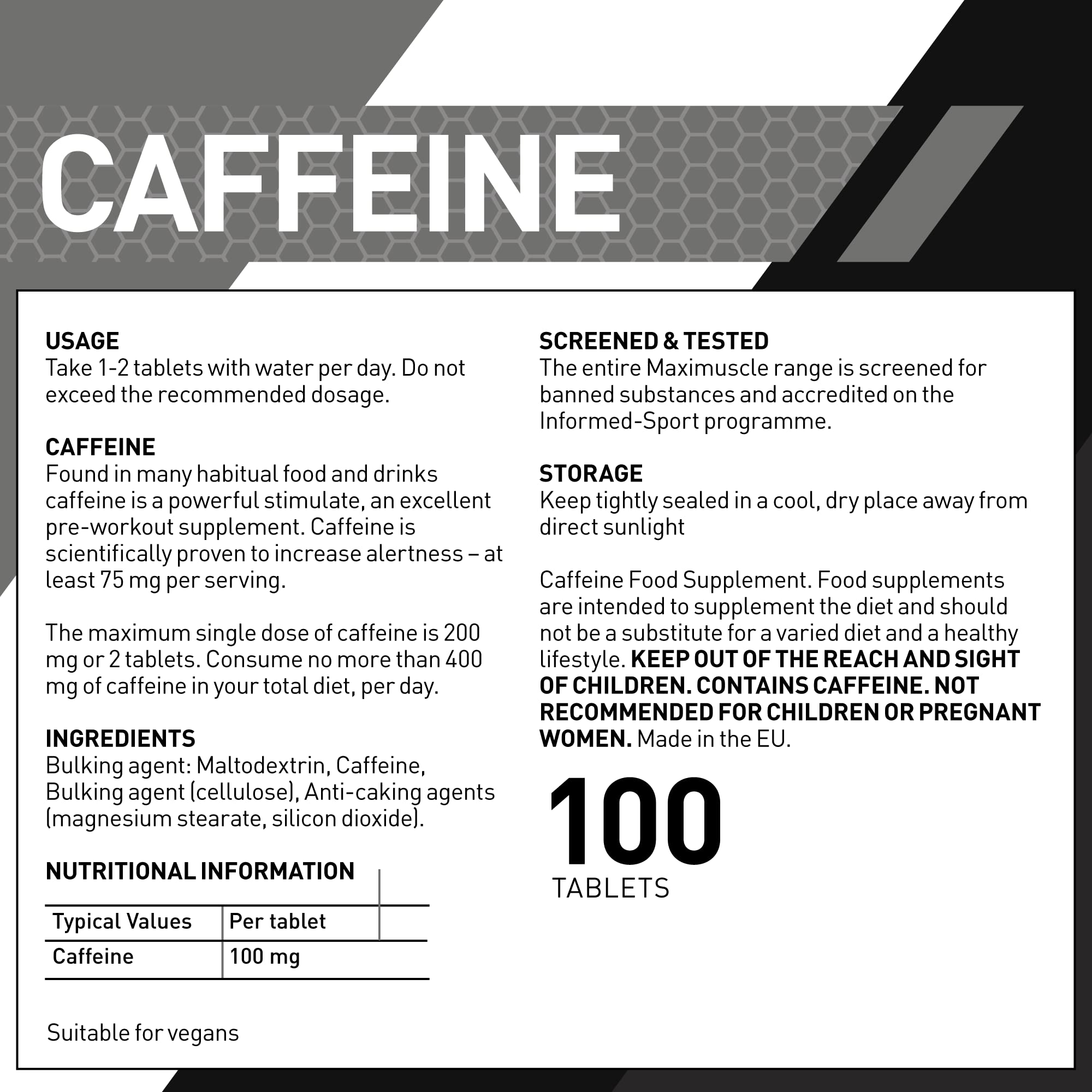 MaxiNutrition Caffeine - 100 Tabs - Caffeine Tablets