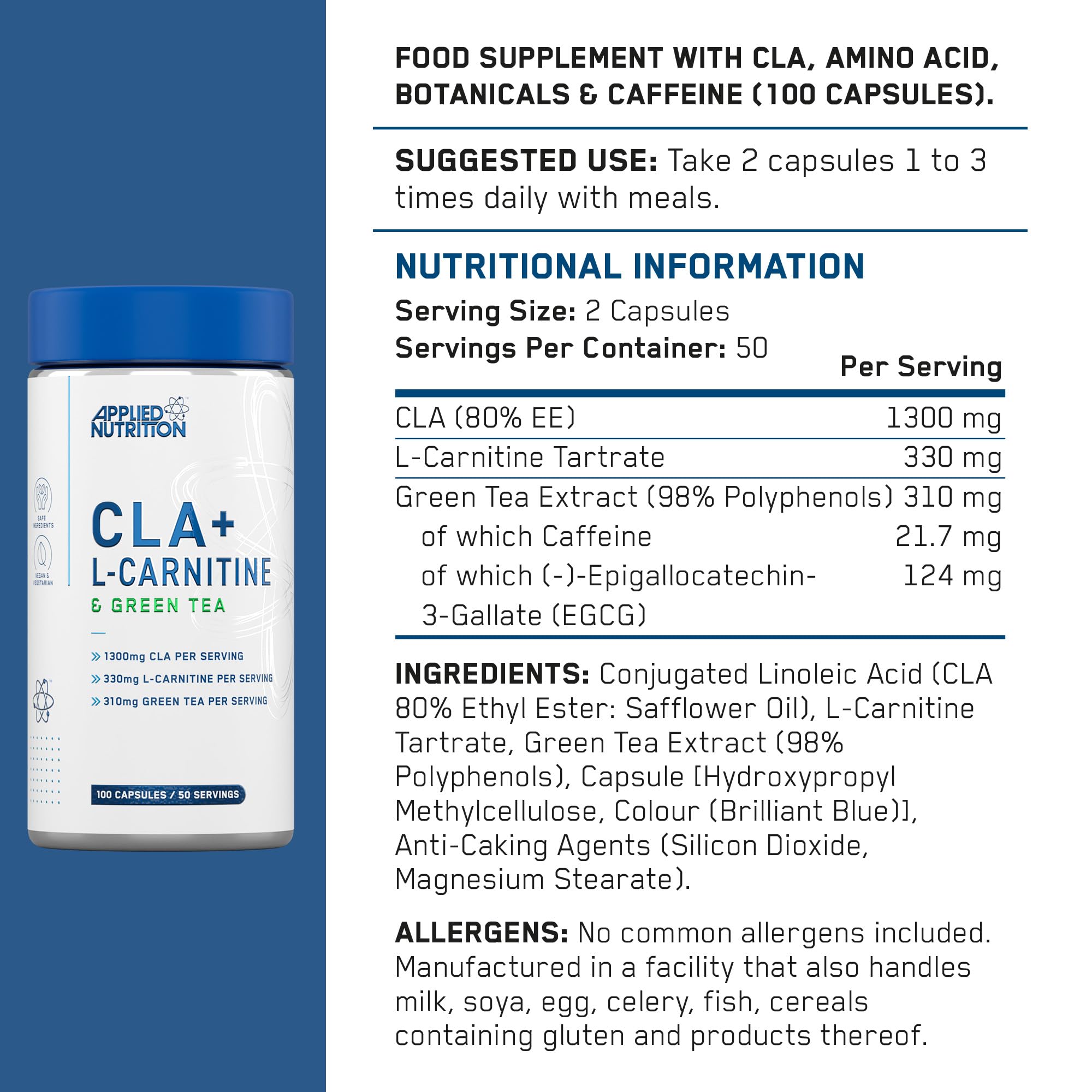 Bottle of Applied Nutrition CLA L-Carnitine Green Tea capsules for body composition