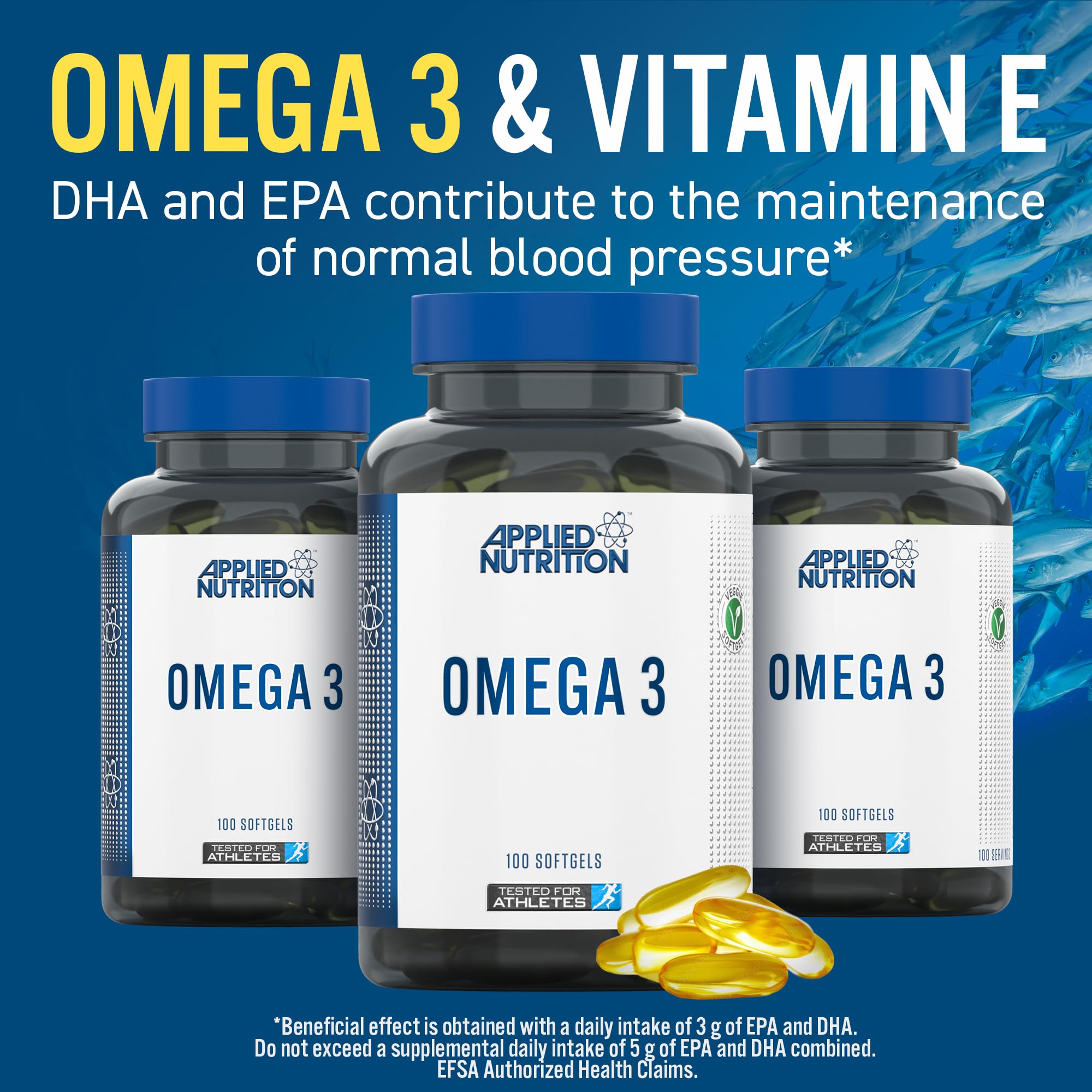 Applied Nutrition Omega bottles of halal certified fish oil with eicosapentaenoic acid