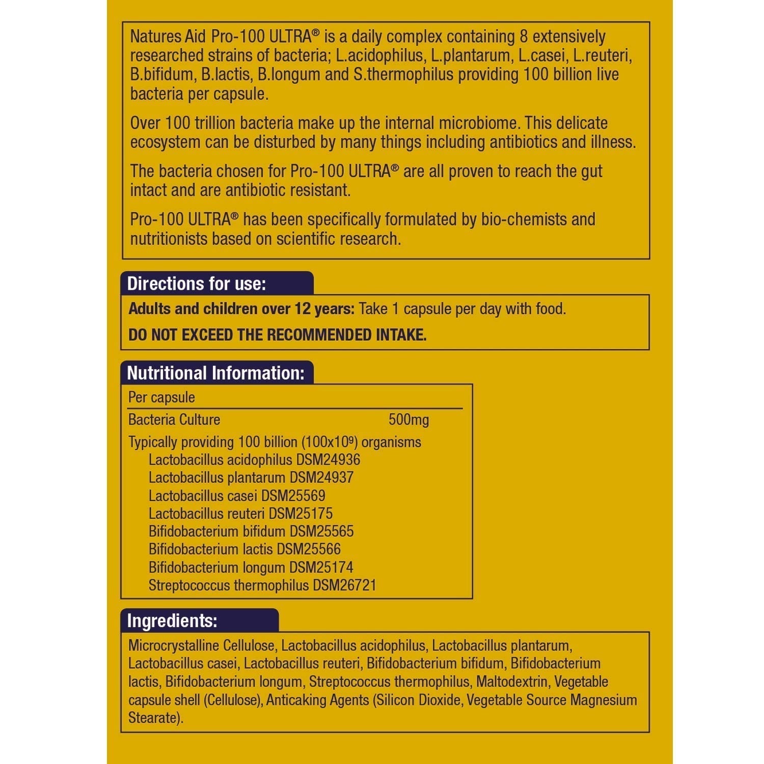 Natures Aid Pro-100 Ultra probiotic label with billion live cultures and ingredients