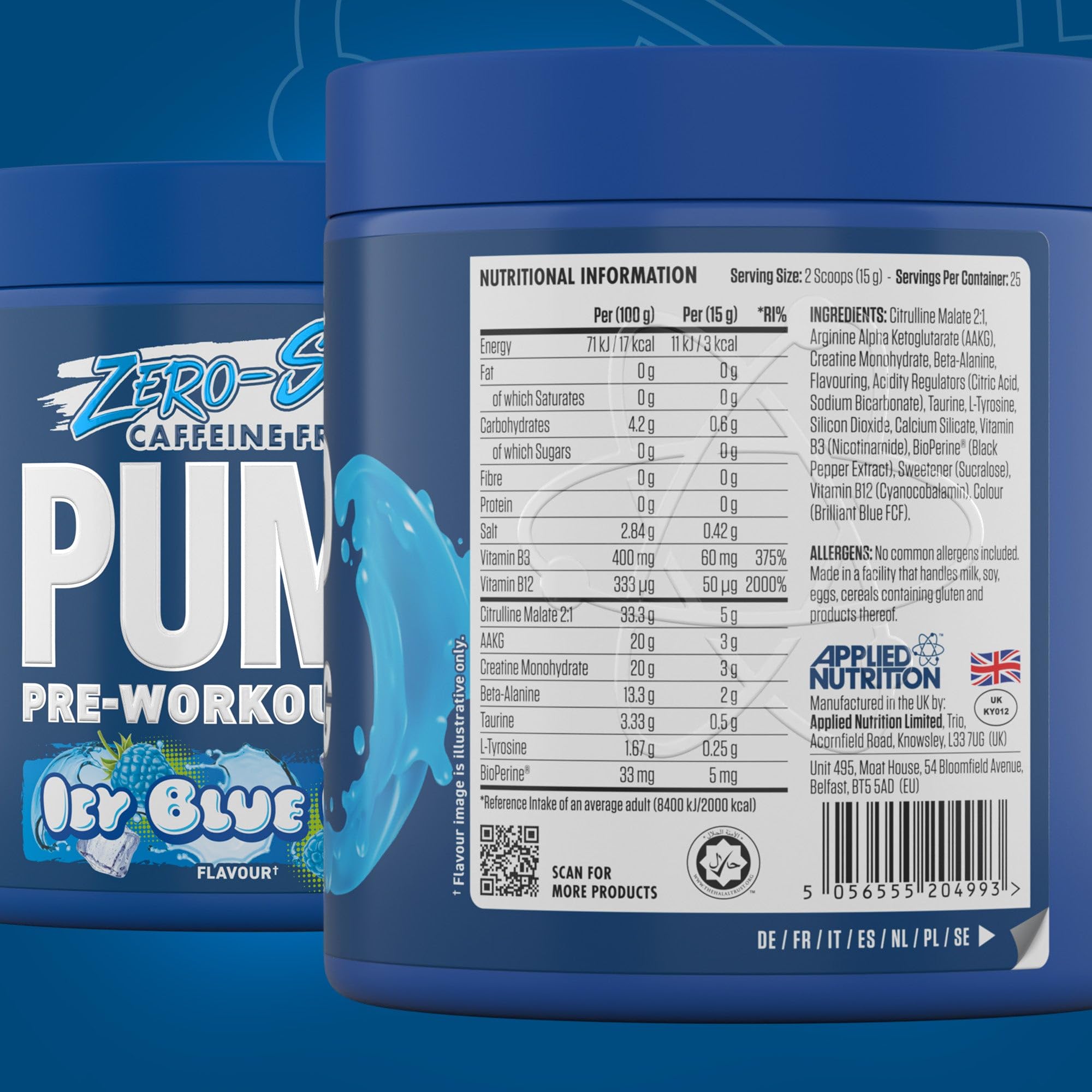 Blue Applied Nutrition Pump 3G Zero container with citrulline malate and vitamin B12