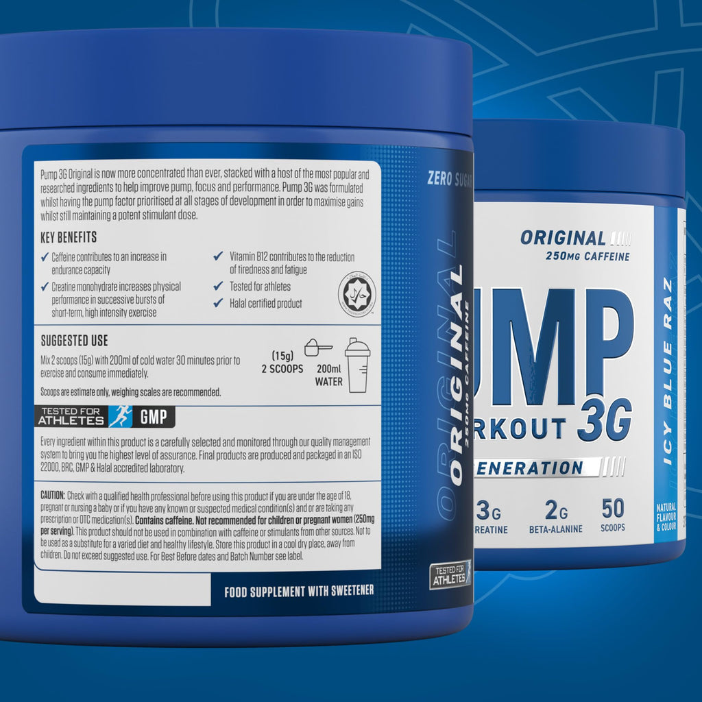 Blue containers of Applied Nutrition Pump 3G pre-workout supplement powder for energy