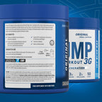Blue containers of Applied Nutrition Pump 3G pre-workout supplement powder for energy