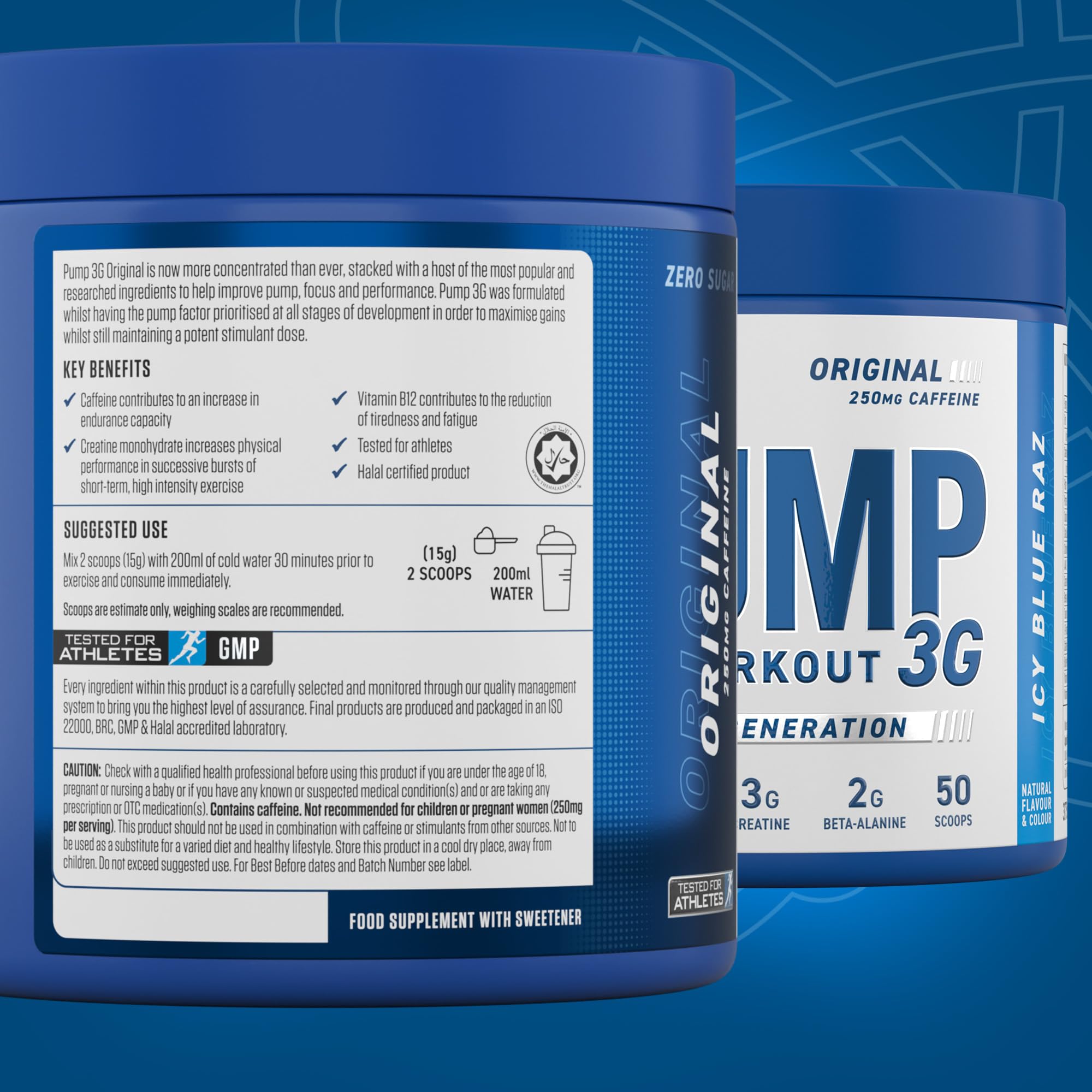 Blue containers of Applied Nutrition Pump 3G pre-workout supplement powder for energy