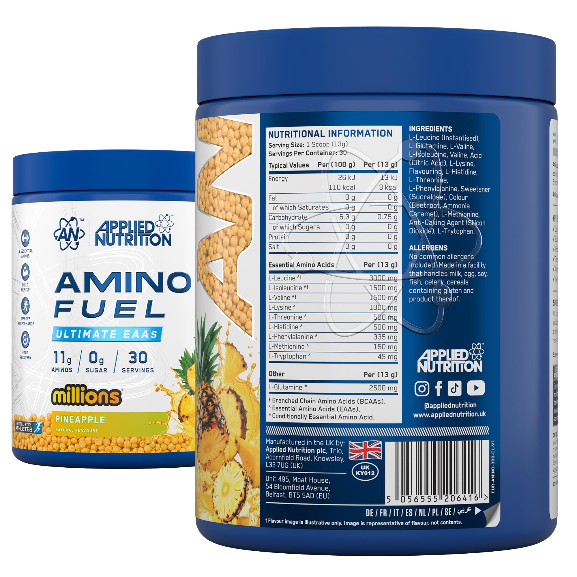 Two Applied Nutrition Amino Fuel containers with pineapple flavor for essential amino acids and muscle recovery