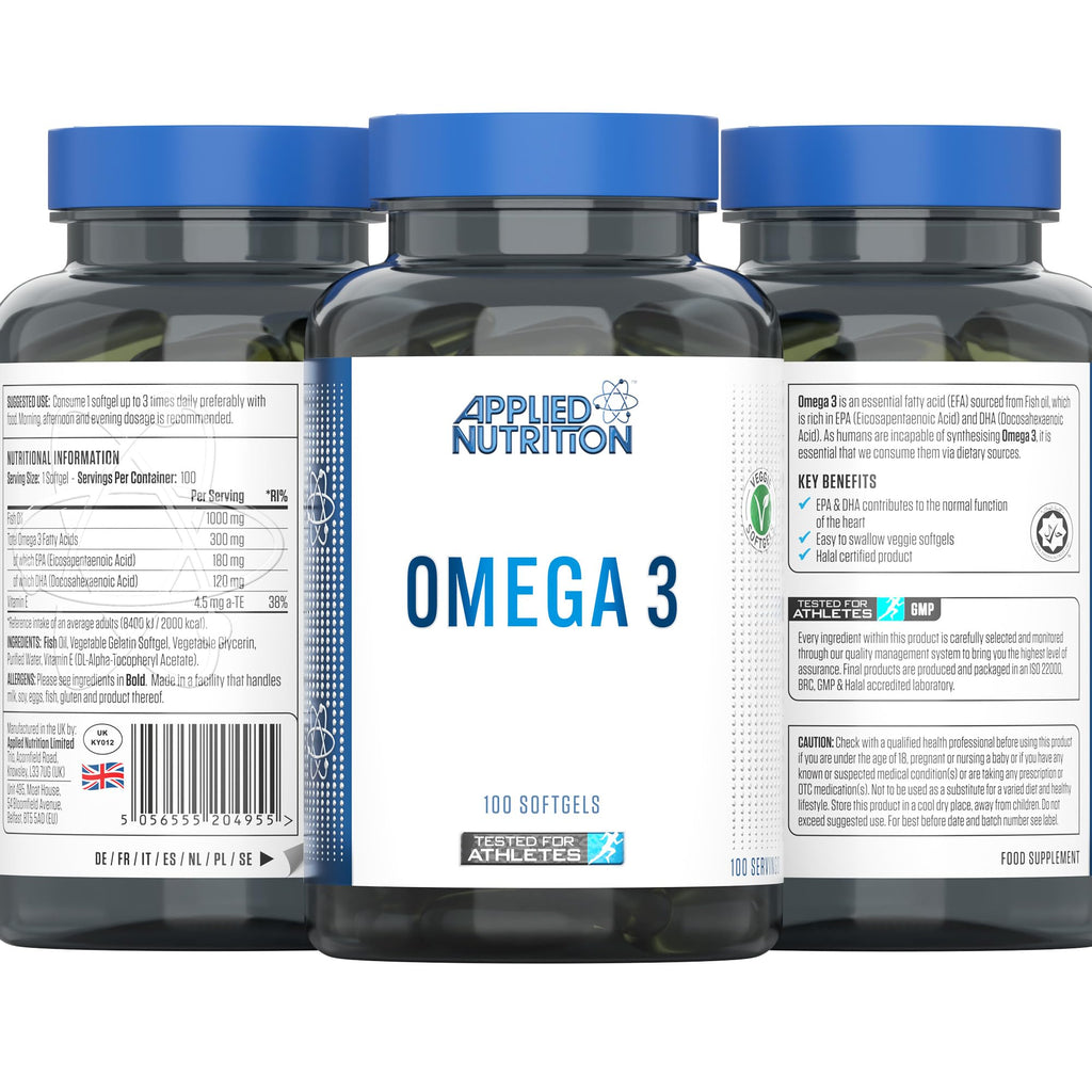 Three bottles of Applied Nutrition Omega halal certified fish oil with blue caps