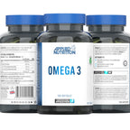Three bottles of Applied Nutrition Omega halal certified fish oil with blue caps