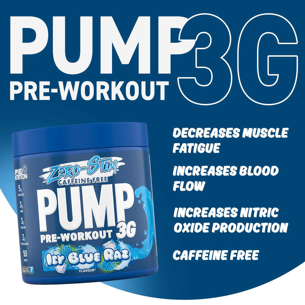 Blue tub of Applied Nutrition Pump 3G Zero caffeine-free pre-workout with citrulline malate and vitamin B12